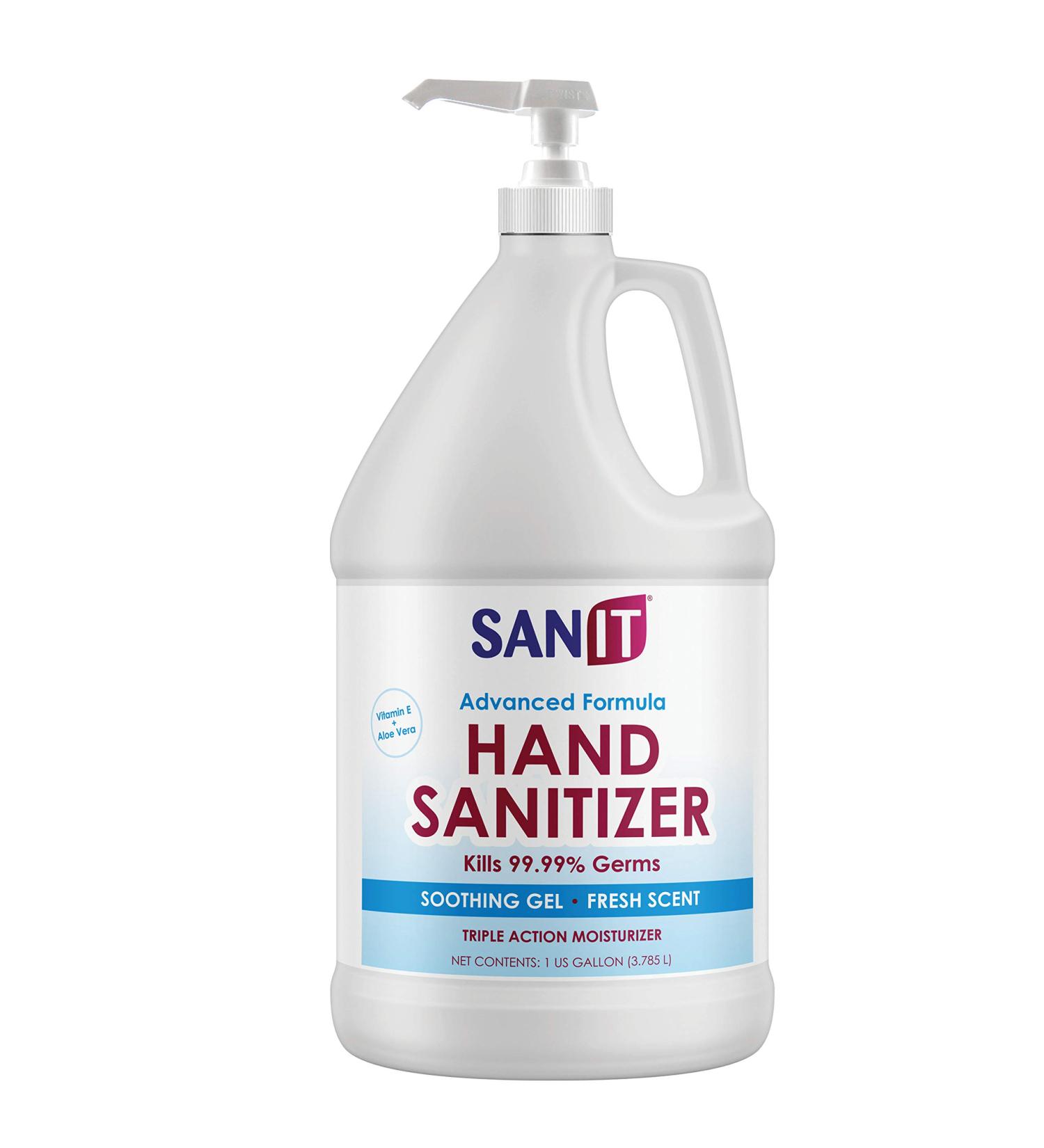 Sanit Moisturizing Hand Sanitizer Gel 70% Ethyl Alcohol - 1 Gallon with Pump | Made in USA | Kills 99.99% Germs - Advanced Formula with Vitamin E and Aloe Vera | Fresh Scent - Soothing Gel - Buy Online on SooperMarket.com