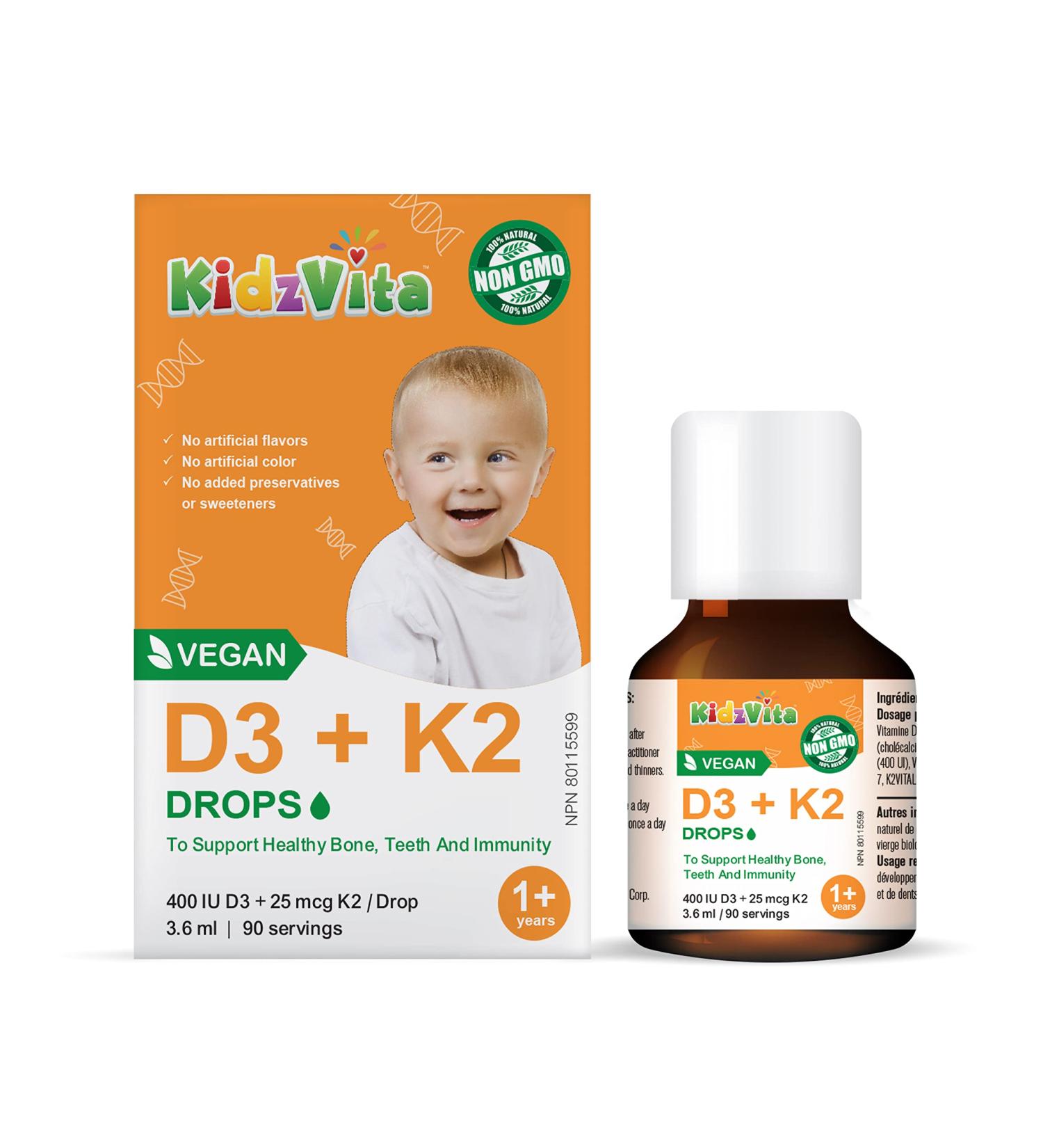KidzVita - Organic Vegan Vitamin D3 & K2 Drops 400 IU - Support Healthy Bone Teeth and Immunity - Children s Multivitamin For 1 to 8 Years Old 3.6 ML 90 Servings - Buy Online on SooperMarket.com