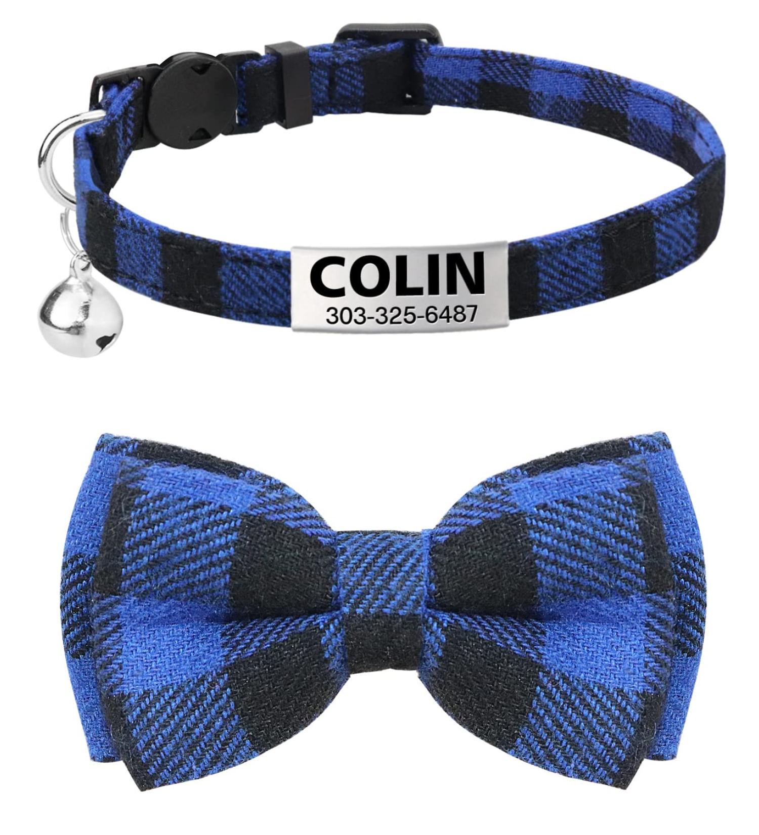 Personalized Breakaway Cat Collar with Bow Tie & Bell - Blue | Stainless Steel ID Tag Engraved | Name & Phone Number | 1 Pack - Buy Online on SooperMarket.com