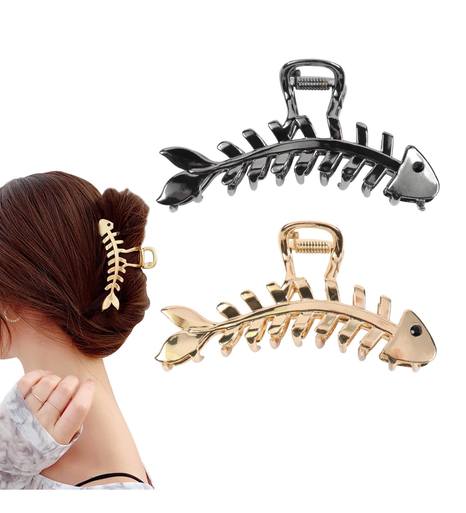 2 Pcs Large Fish Bone Hair Clips - Non-slip Metal Hair Claw Clips in Black and Gold for Thick or Thin Hair - Geometric French Hair Grip Accessories for Women - Buy Online on SooperMarket.com