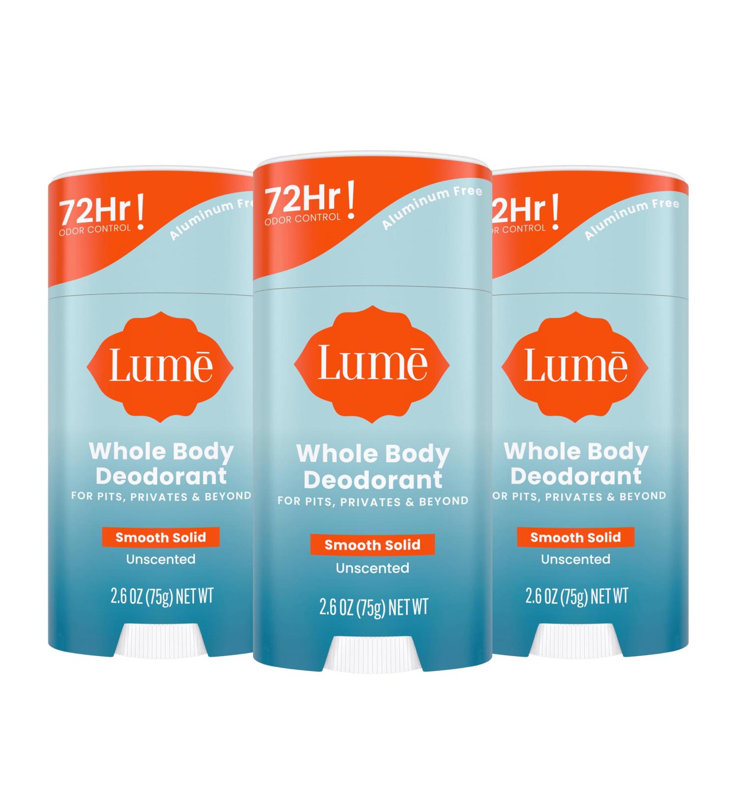 Lume Whole Body Deodorant - Smooth Solid Stick - 72 Hour Odor Control - Aluminum Free Baking Soda Free and Skin Loving - 2.6 Ounce (Pack of 3) (Unscented) Unscented 2.6 Ounce (Pack of 3) - Buy Online on SooperMarket.com