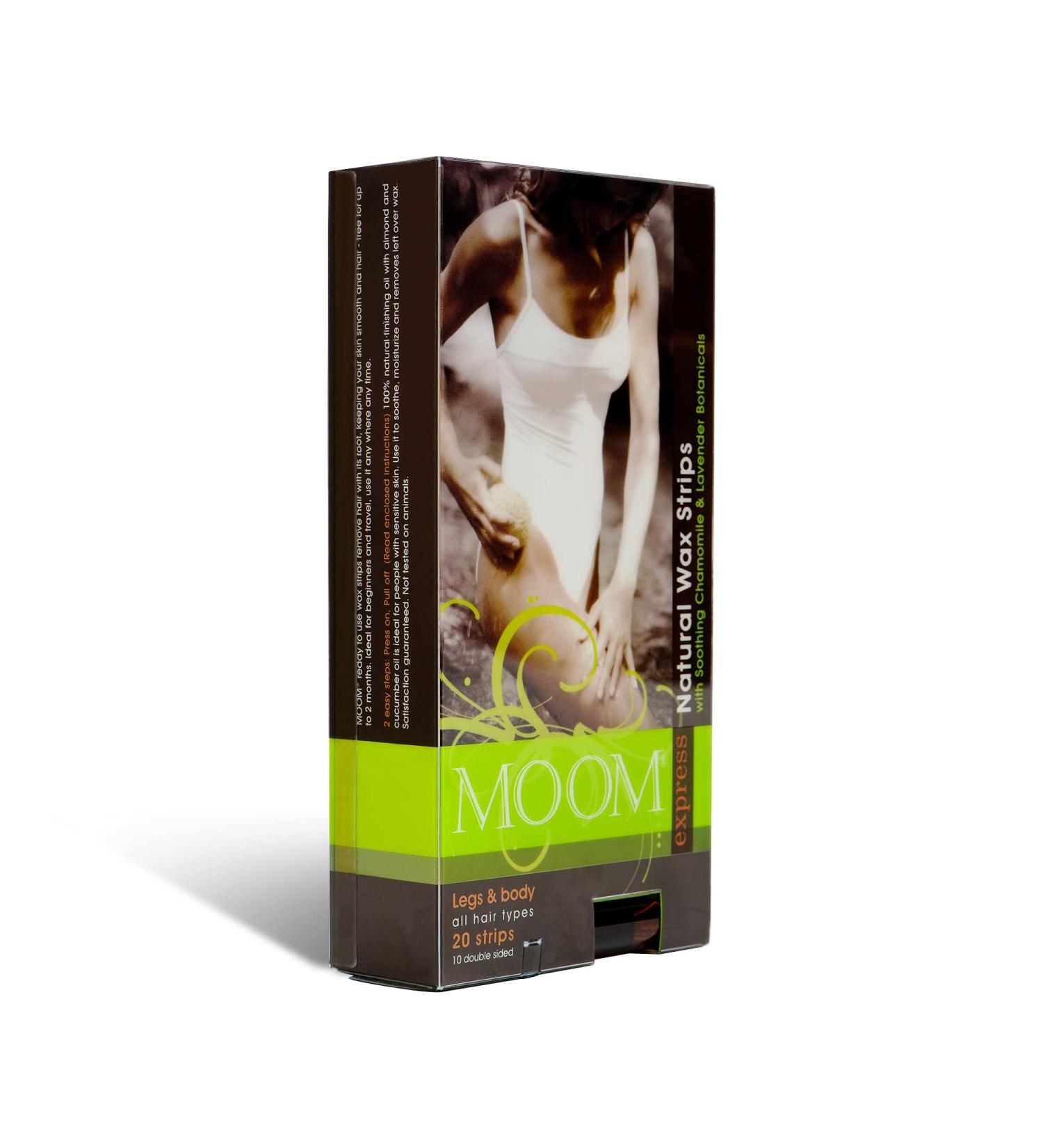 MOOM Express Natural Wax Strips - Pre-Waxed Hair Removal Kit for Legs, Bikini, Face, and Body - On-the-Go Waxing Solution - 10 Double-Sided Strips + Finishing Oil (20 count) - Buy Online on SooperMarket.com