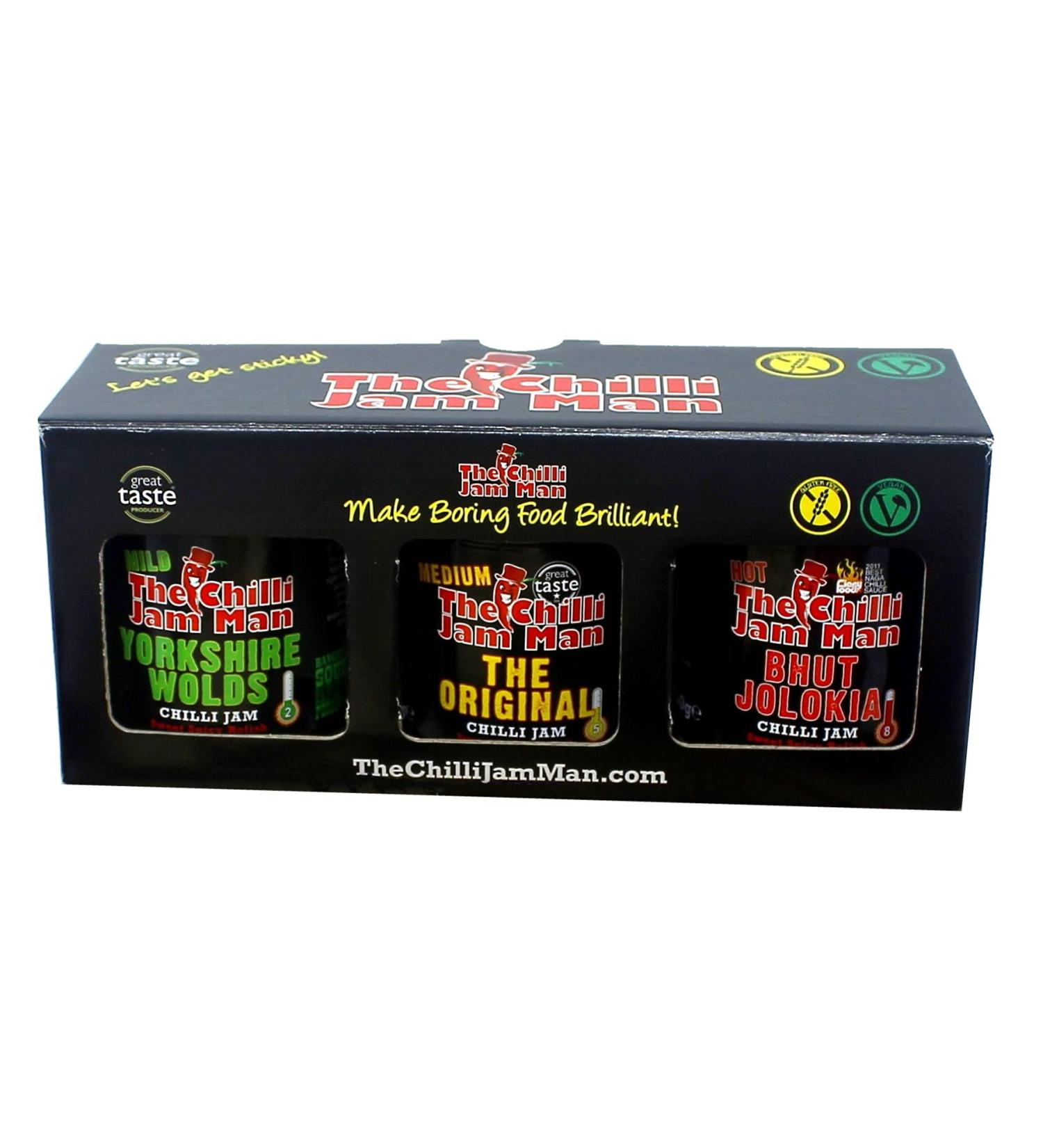 The Chilli Jam Man Mixed Box - Set of 3 Sweet Spicy Hot Chilli Pepper Relish - 3 x 200g - Buy Online on SooperMarket.com