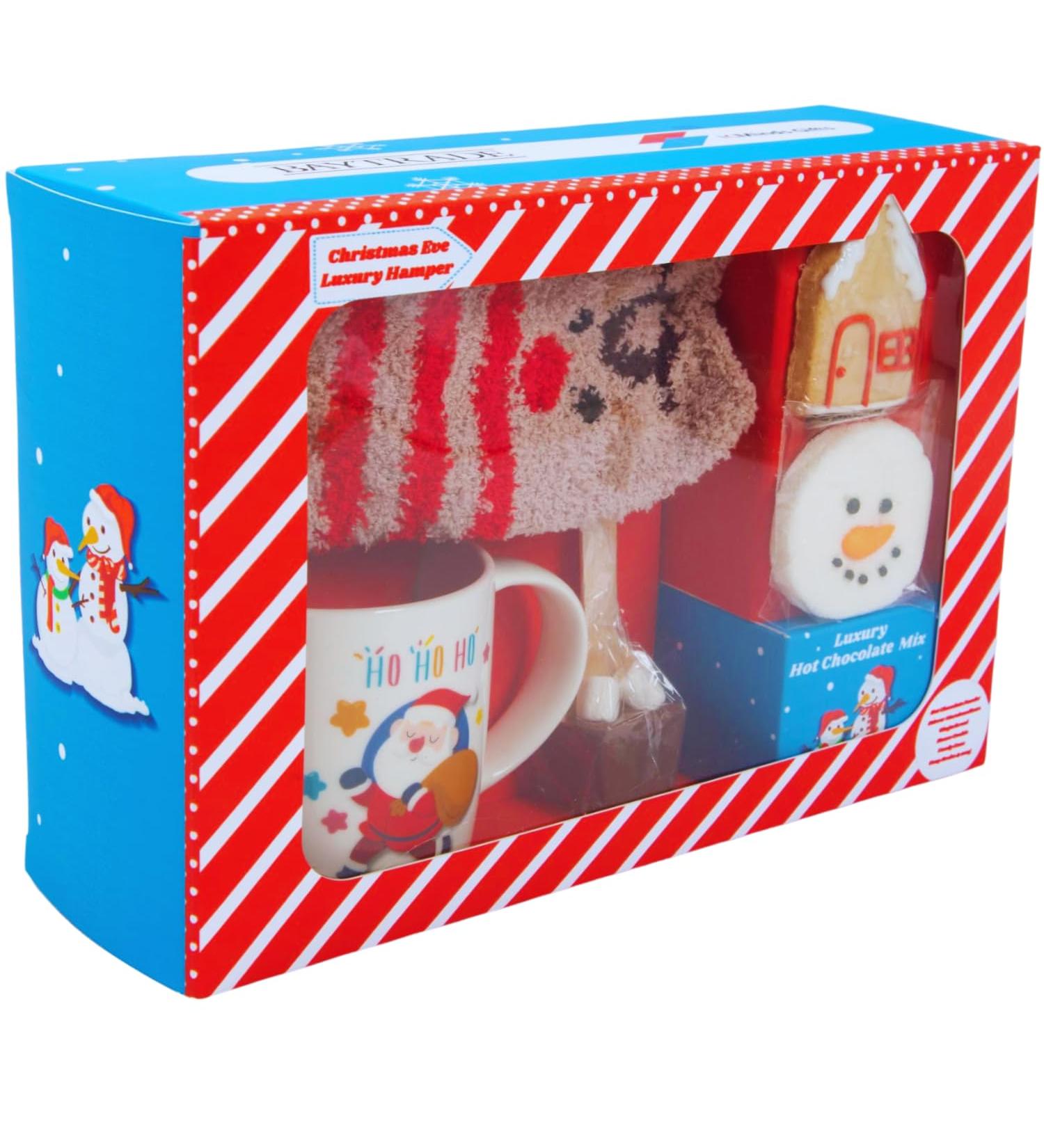 Christmas Eve box for Kids Adults - Luxury Hot Chocolate Hamper -Red and White Candy Canes Santa Mug Gingerbread Man Instant Hot Chocolate Powder Warm Socks Toppers Stirrer - Xmas Gifts Boy Girl - Buy Online on SooperMarket.com