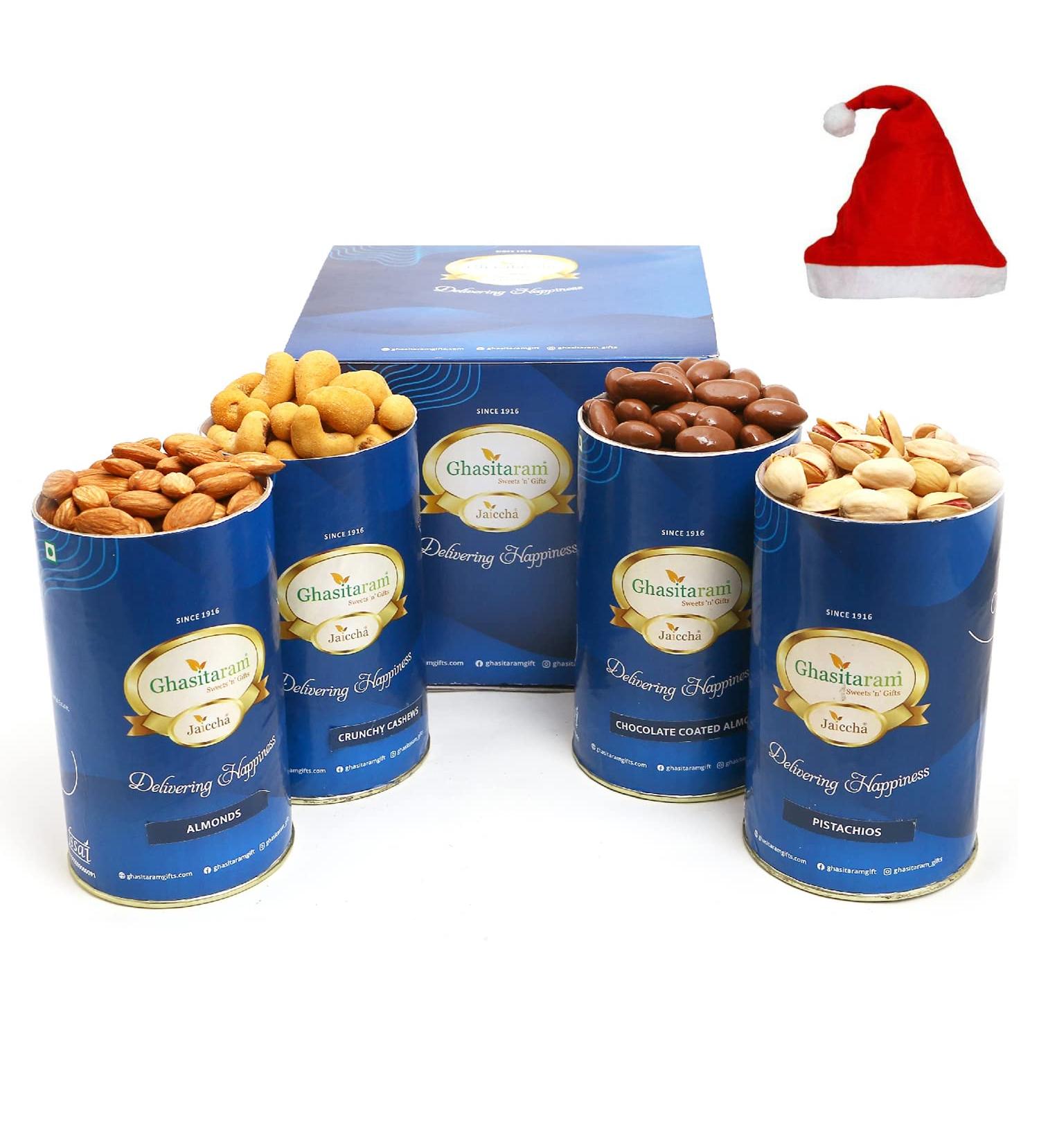 Jaiccha Ghasitaram Christmas Gifts Crunchy Cashews Almonds Pistachios Chocolate Almonds Cans Cashews Almonds Pista Choco Almonds Cans Cap - Buy Online on SooperMarket.com