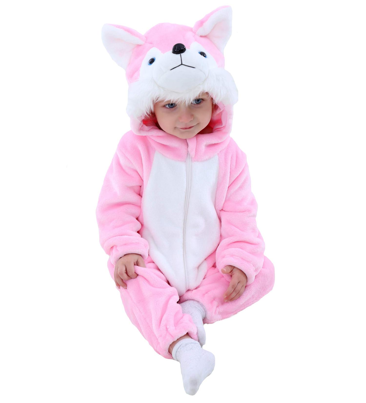 Doladola Unisex Baby Hooded Pink Husky Romper | Infant/Toddler's Cartoon Animal Jumpsuit & Pajama Set (6-12 Months) - Buy Online on SooperMarket.com