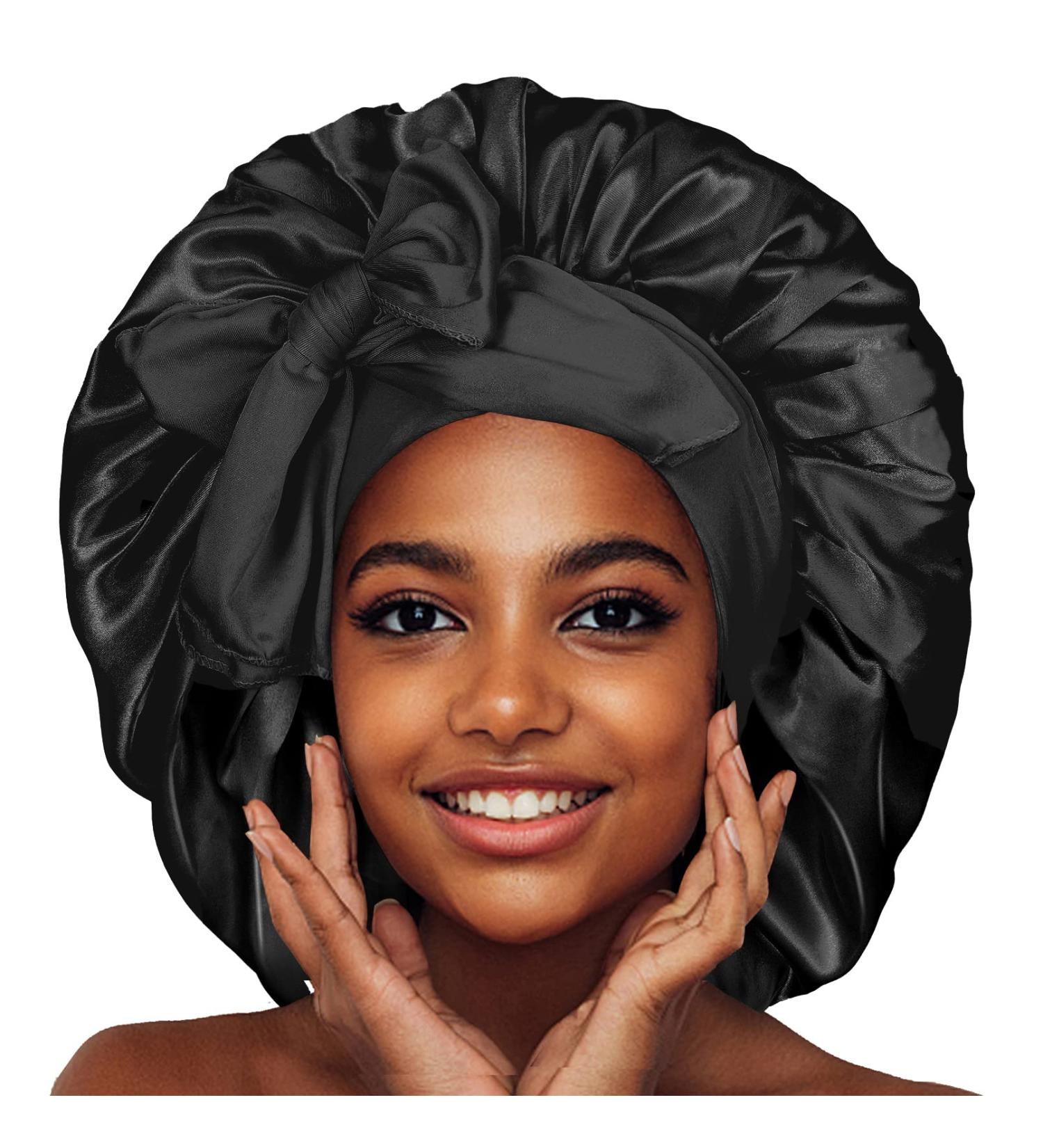 Satin Silk Hair Bonnet for Women | Adjustable Jumbo Sleep Cap for Long Curly Hair | Black - Buy Online on SooperMarket.com