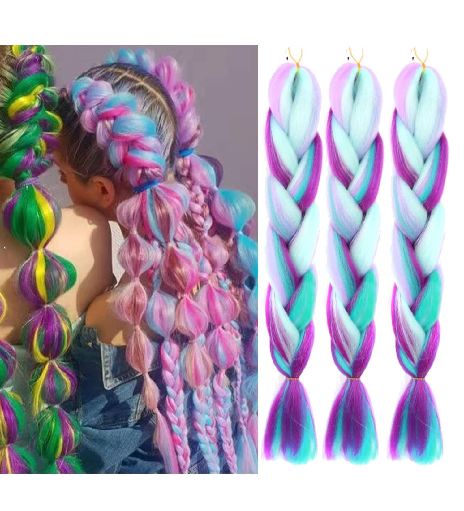 Jumbo Braiding Hair Fiber Mix 3pcs - Rainbow Colors Extensions - Kanekalon Synthetic Hair - 24 Inch - Blue-Light Purple-Pink - Soft & Healthy - Buy Online on SooperMarket.com