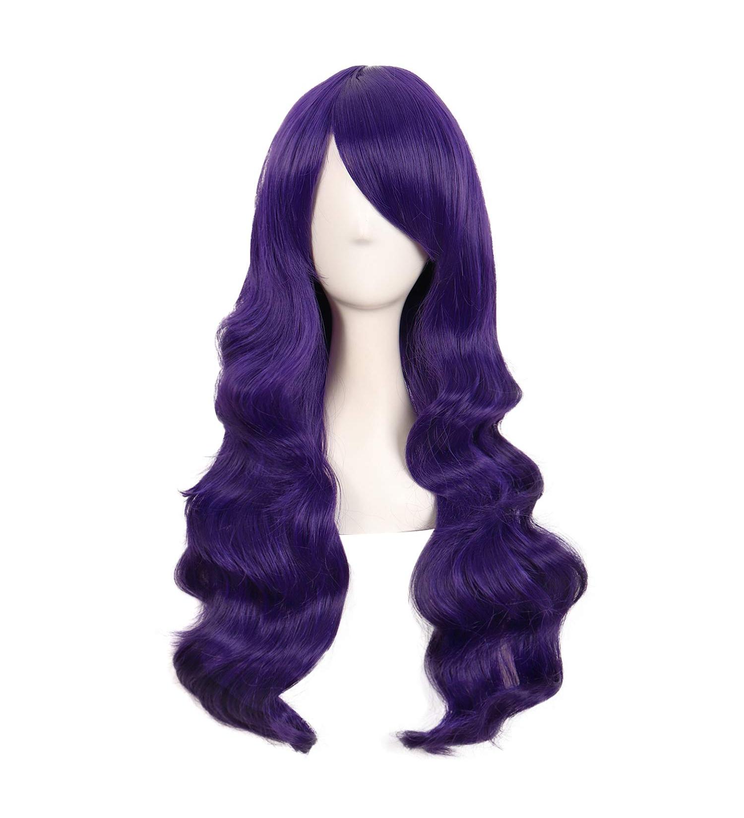 MapofBeauty 28 Charming Women Long Curly Synthetic Wig with Side Bangs in Dark Purple - Buy Online on SooperMarket.com