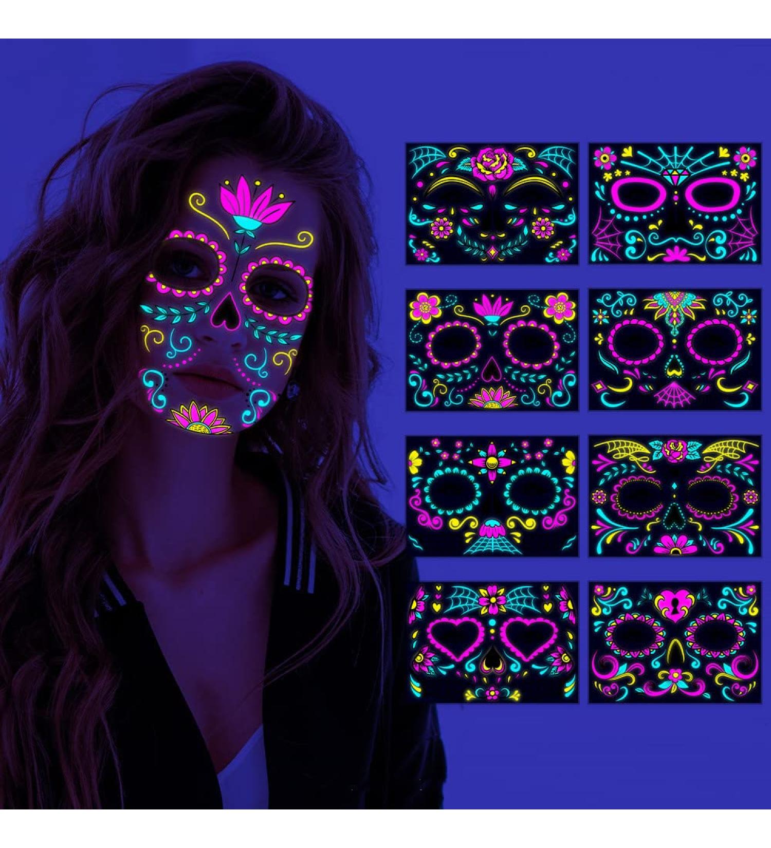 Beisto 8 Set Fluorescent Face Tattoo Stickers - Glow UV Neon Temporary Tattoos for Women - Halloween Christmas Festival Party Props - Buy Online on SooperMarket.com