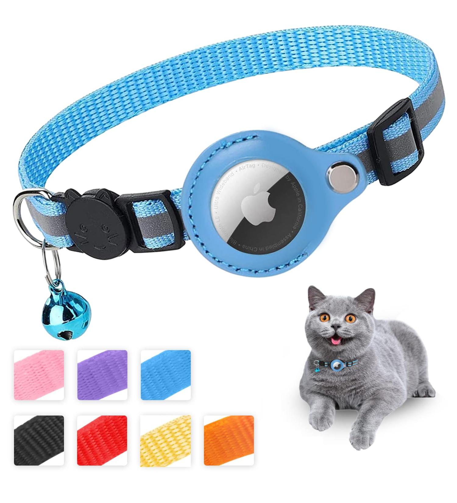 Mouyou Airtag Cat Collar - Soft Reflective Nylon with Bell & Safety Clasp | Adjustable 22-34cm Blue Tracking Collar with Airtag Case - Buy Online on SooperMarket.com