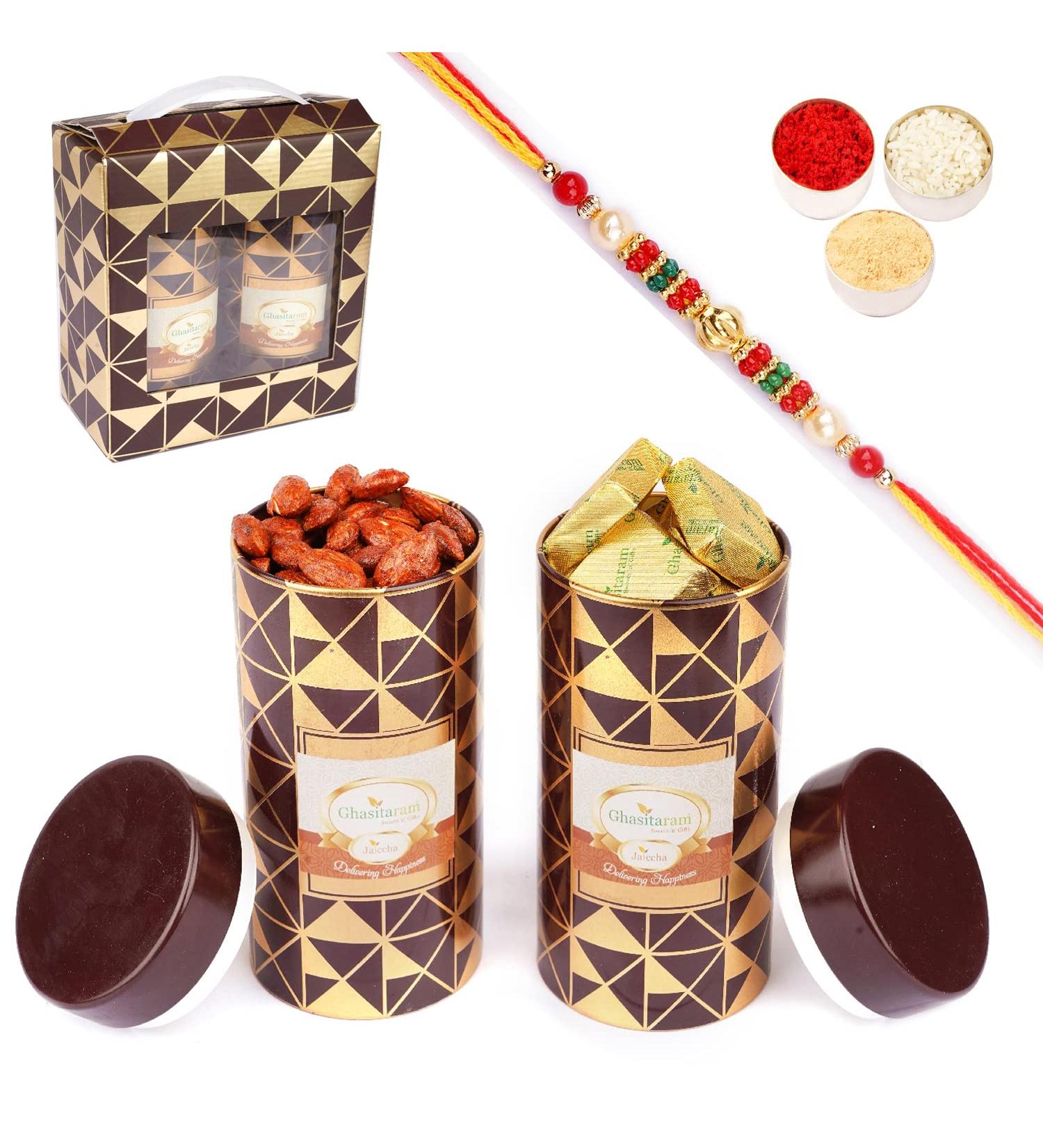 Jaiccha Ghasitaram Rakhi Gifts for Brothers Box 2 Tin Jars of Flavoured Almonds and MEWA Bites with Pearl Rakhi - Buy Online on SooperMarket.com