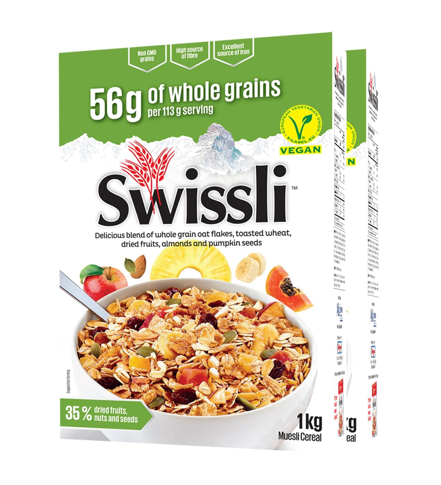 Swissli Muesli 1kg / Pack of 2/35% Fruit and Nut/Authentic European Made Muesli/Non GMO/Vegan/High Source of Fibre/Excellent Source of Iron - Buy Online on SooperMarket.com