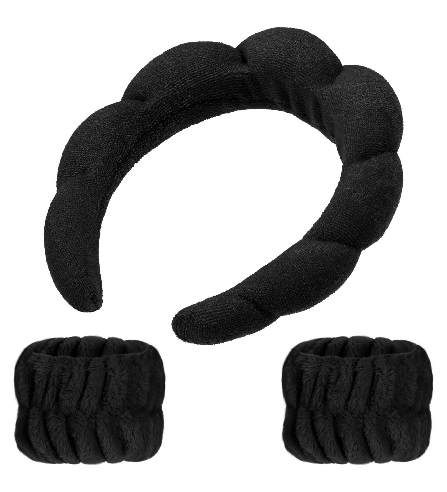 Puffy Spa Headband Set for Women - Black Terry Towel Cloth Fabric Headbands for Skincare, Shower, and Makeup Removal - Buy Online on SooperMarket.com
