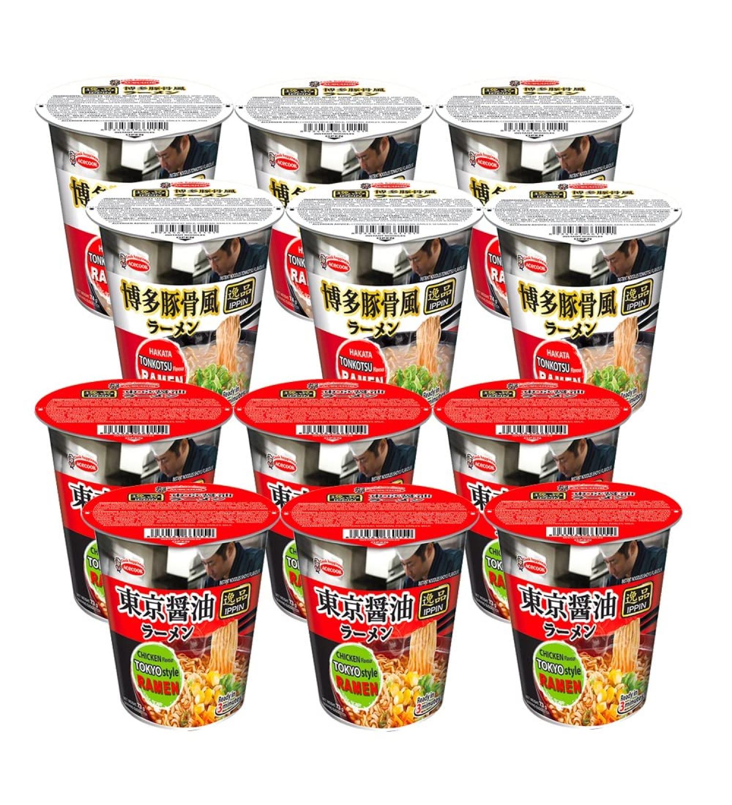 Acecook Ippin Instant Ramen Cup (Pack of 12) (Tokyo Shoyu + Hakata Tonkotsu)