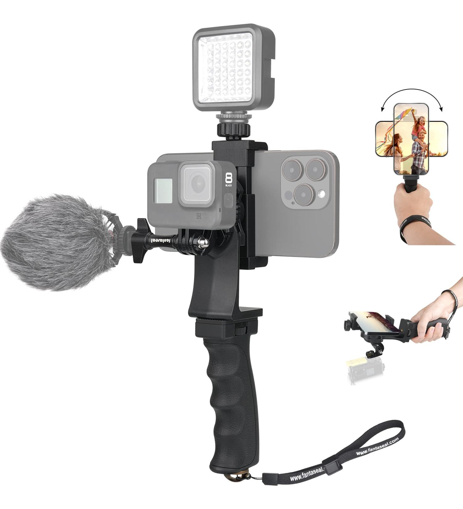 2in1 Ergonomic Portable Action Camera+Smartphone Hand Grip Stabilizer Combo for Vlogging - GoPro & iPhone Holder Kit with Mic+Light Adapter for YouTube & TikTok - Buy Online on SooperMarket.com