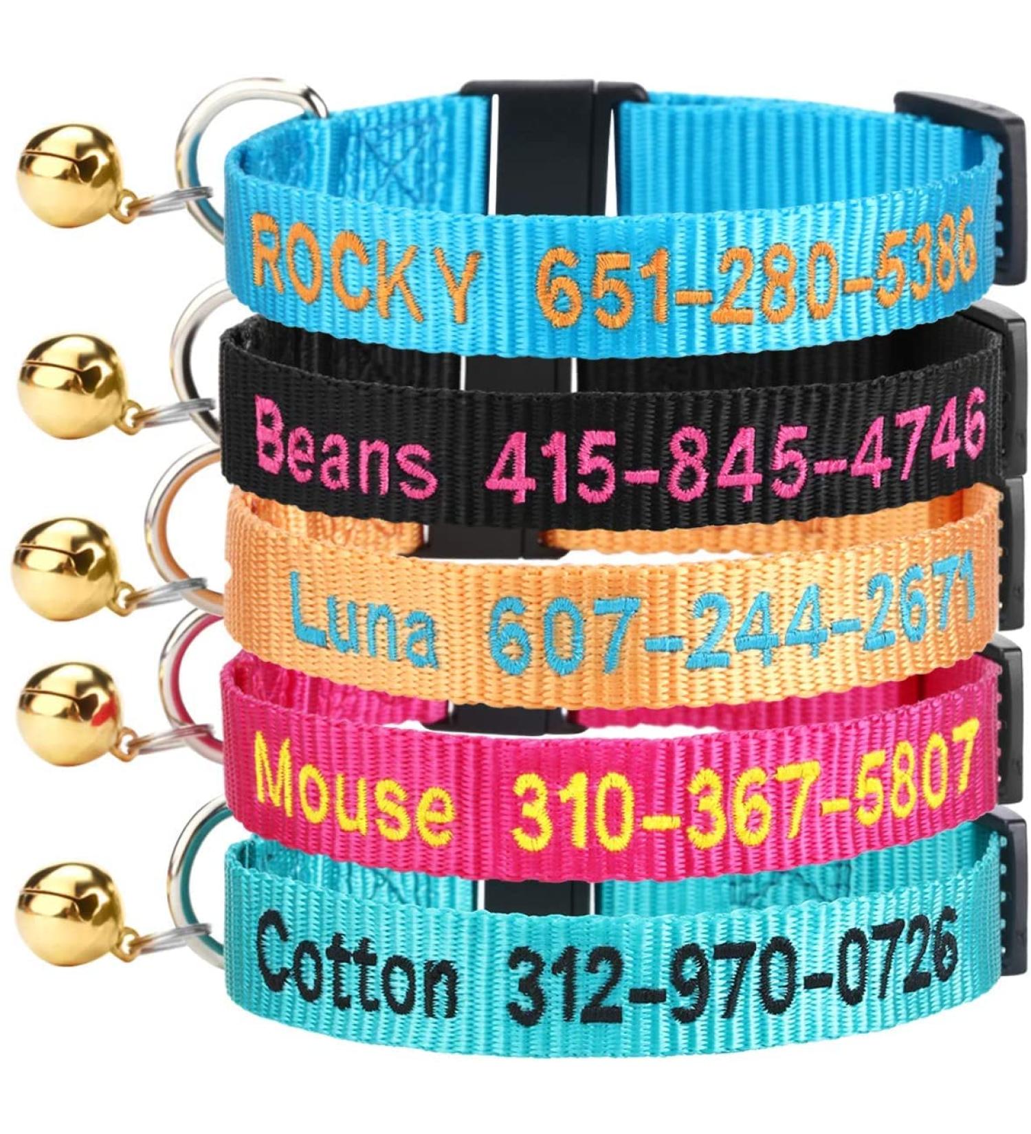 Personalized Embroidered Cat Collar with Bell - Custom Name & Phone Number - Adjustable Nylon - Breakaway Safety Buckle - Buy Online on SooperMarket.com