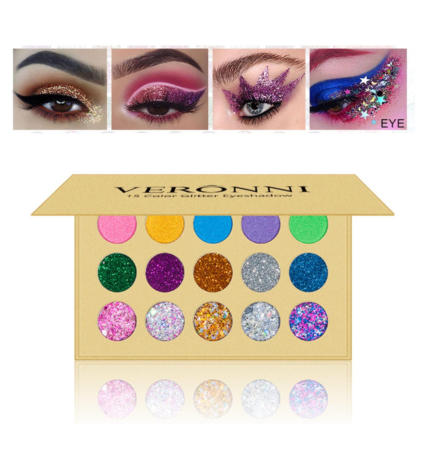 VERONNI Glitter Eyeshadow Palette - 15 Colors Matte Shimmer Glitter | High Pigment Eye Shadow Palette for Stage & Halloween Makeup - Buy Online on SooperMarket.com