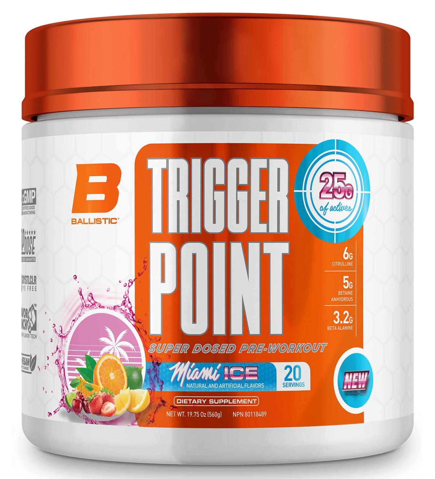 Trigger Point Miami Ice Preworkout & nitric oxide booster powder by Ballistic Supps with 25 grams of active ingredients per scoop with citrulline creatine betaine beta-alanine taurine & l-tyrosine - Buy Online on SooperMarket.com