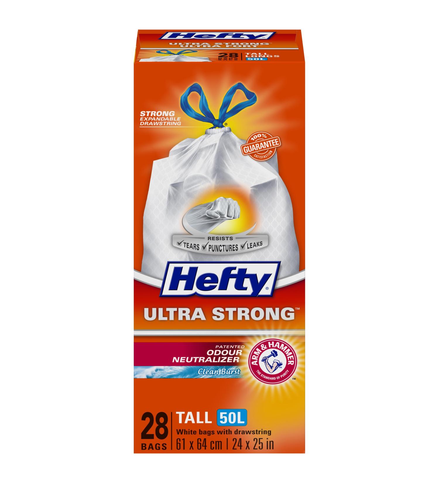 Hefty Garbage Bags Ultra Strong Tall 50 Litres White Kitchen Drawstring Arm & Hammer odour neutralizer 28 Bags - Buy Online on SooperMarket.com