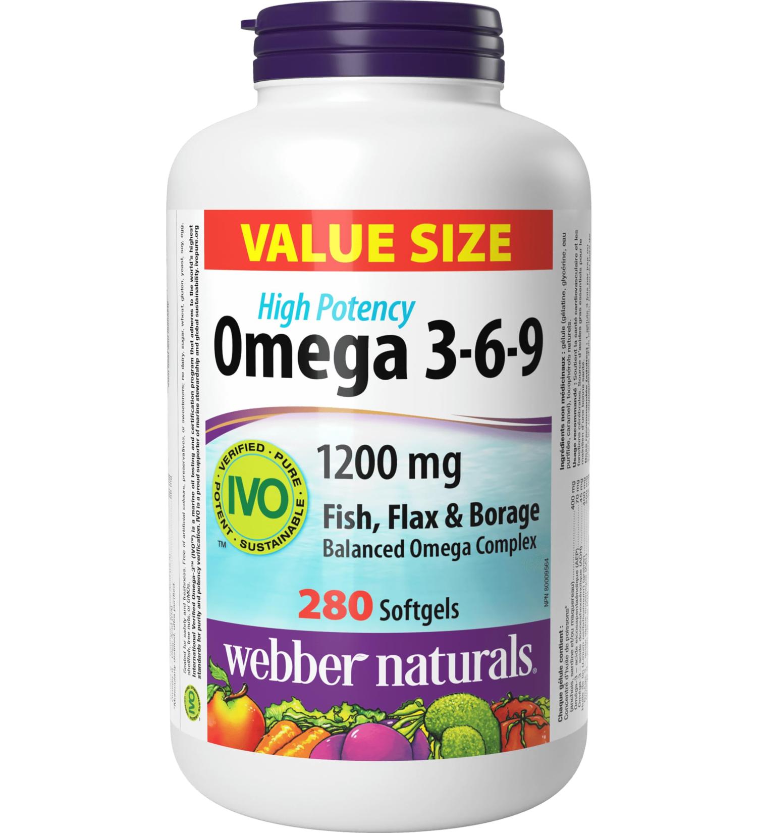 Webber Naturals Omega 3-6-9 1 200 mg Fish Oil 280 Softgels Supports Cardiovascular Health and Brain Function - Buy Online on SooperMarket.com