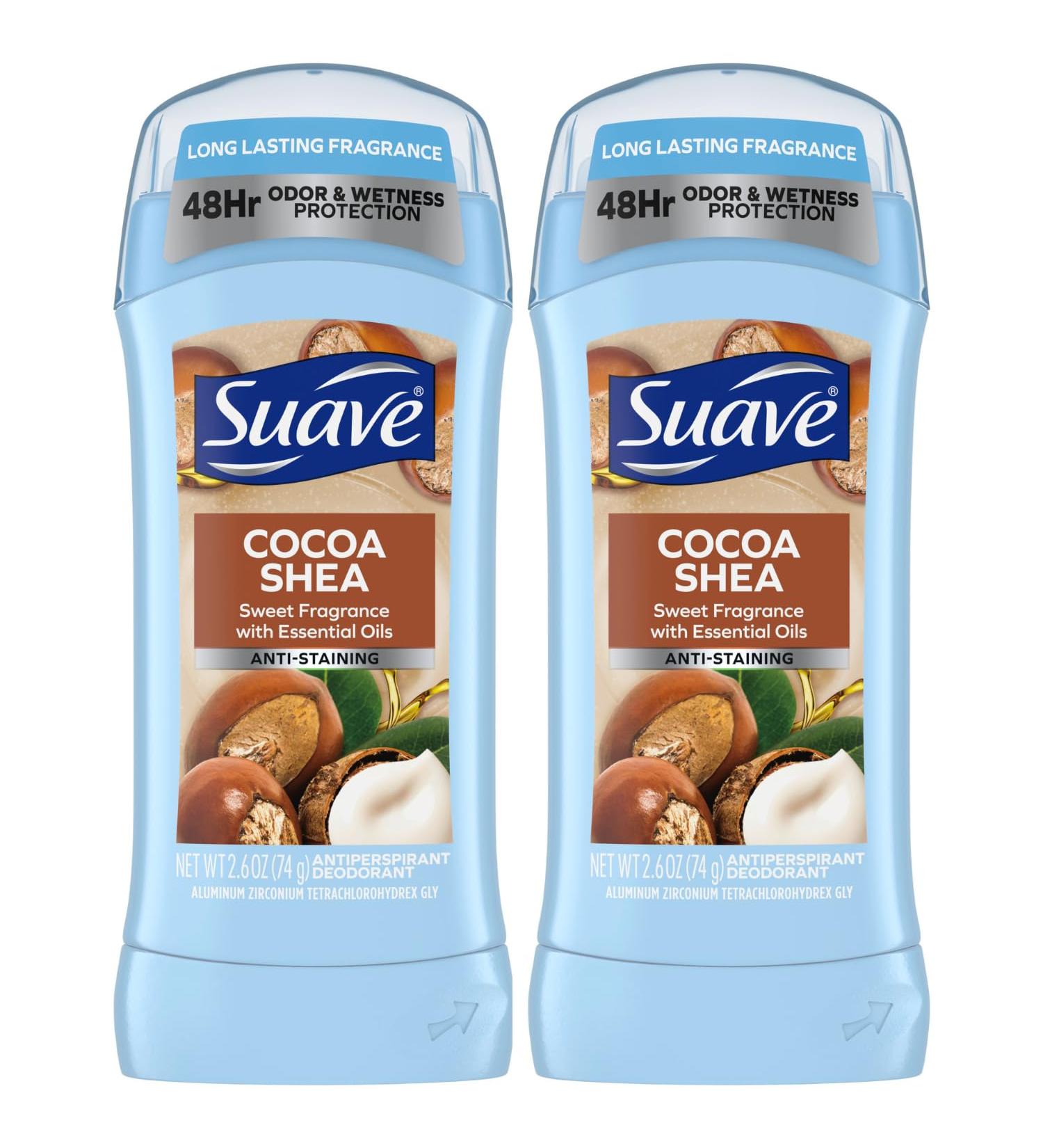 Suave Deodorant for Women Cocoa Butter & Shea Invisible Solid Antiperspirant Deodorant Stick 48H Protection Anti-Staining Cruelty-Free Scented 2.6 Oz (Pack of 2) Fresh 2.6 Ounce (Pack of 2) - Buy Online on SooperMarket.com