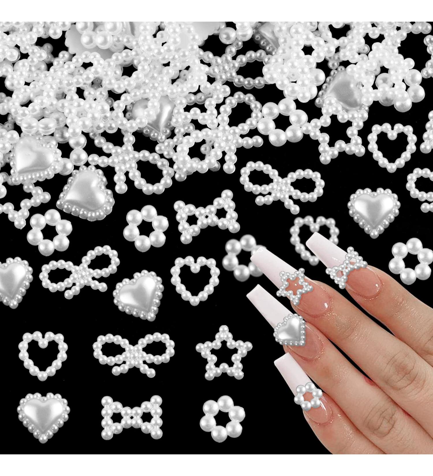 600 Pcs White Pearls 3D Nail Charms - Multi Shapes Heart Bowknot Star - Acrylic Beads for DIY Manicure & Jewelry - Buy Online on SooperMarket.com