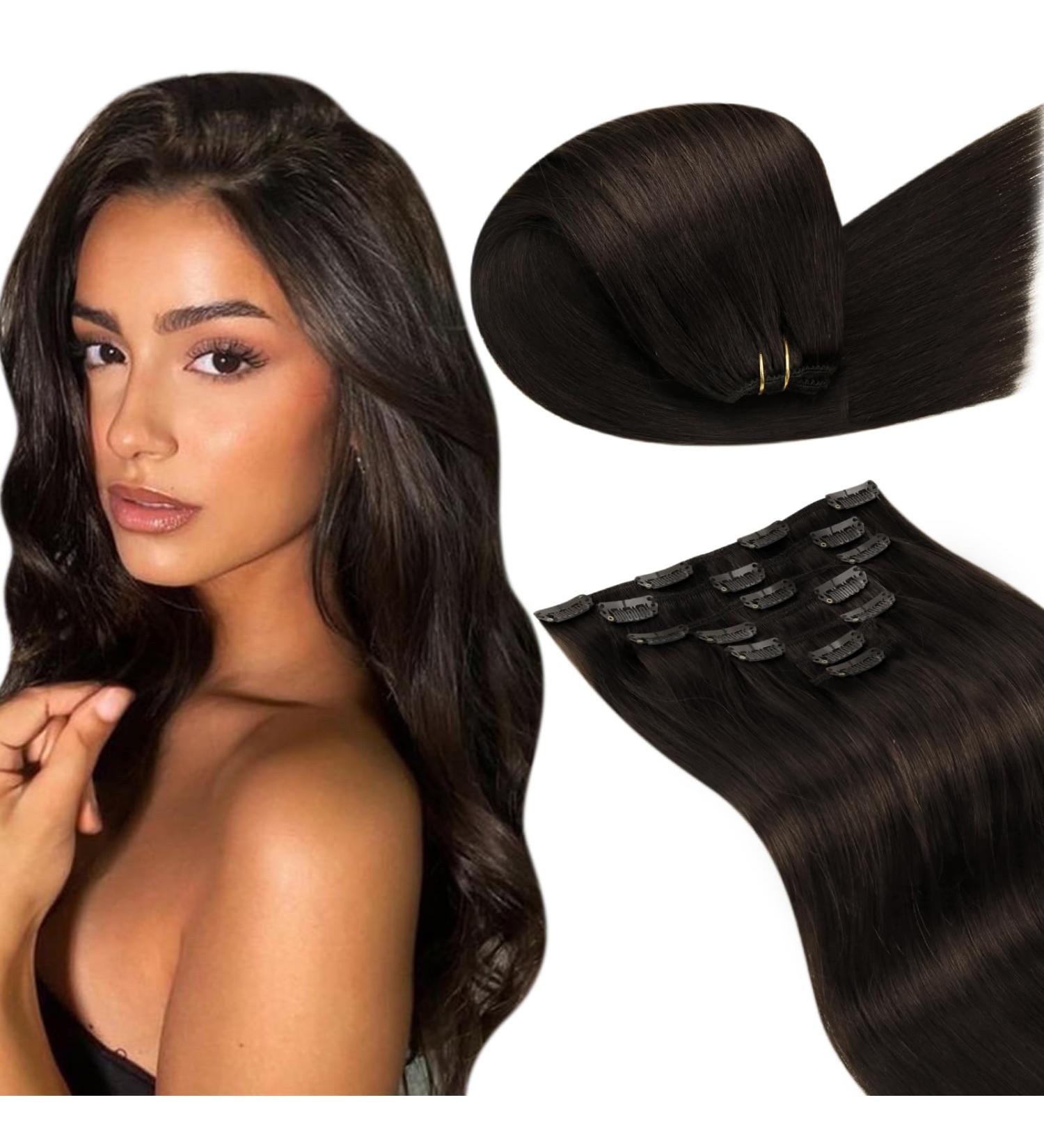 Shop Laavoo Dark Brown Real Hair Extensions - 50cm Clip In Remy 7PCs 105g for Effortless Volume - Buy Online on SooperMarket.com
