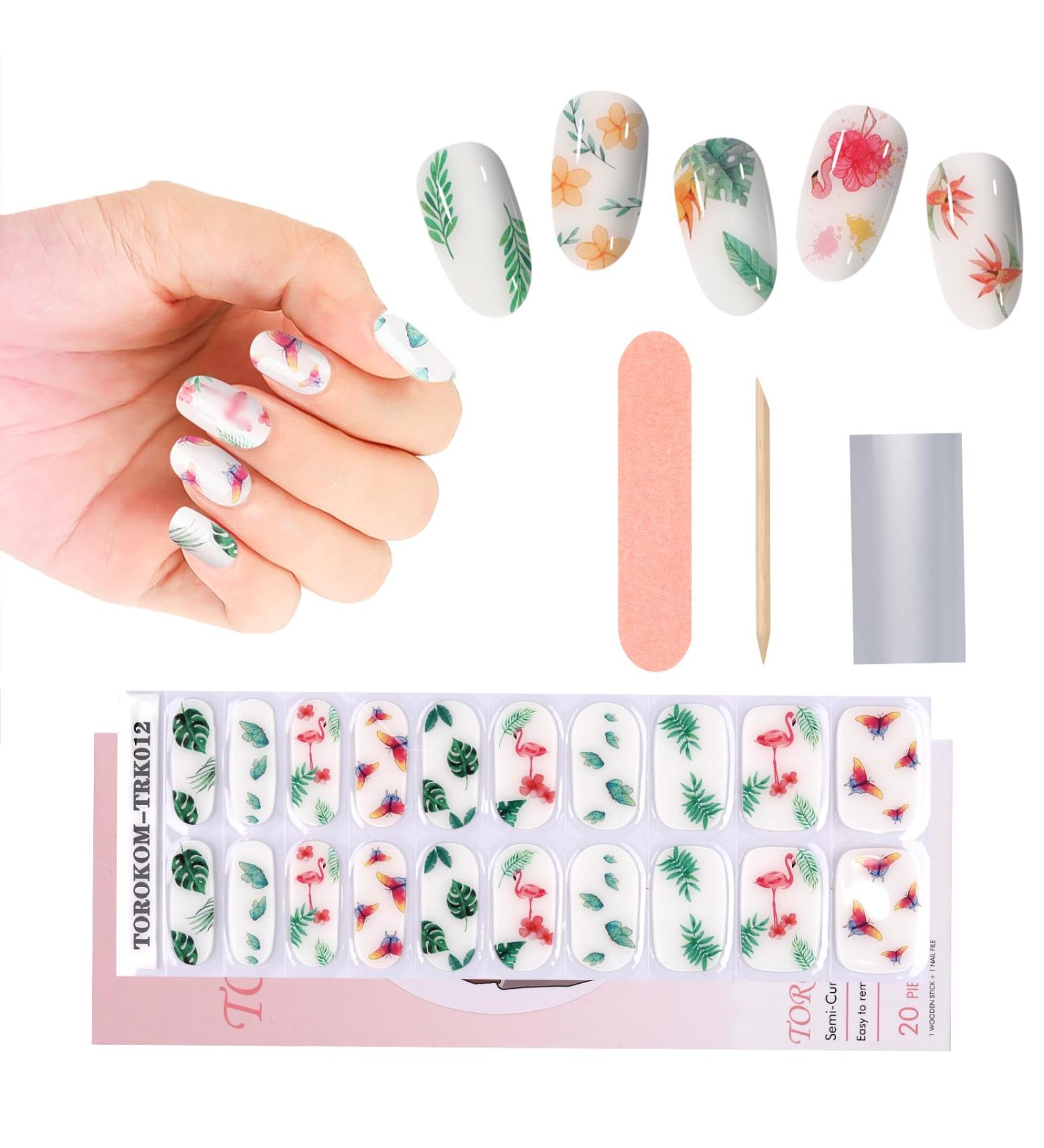 Semi Cured Gel Nail Strips in Blue - Long Lasting Waterproof Nail Wraps with Cuticle Stick, File, Wipes & Sealing - Pink Butterfly Design | EBANKU - Buy Online on SooperMarket.com