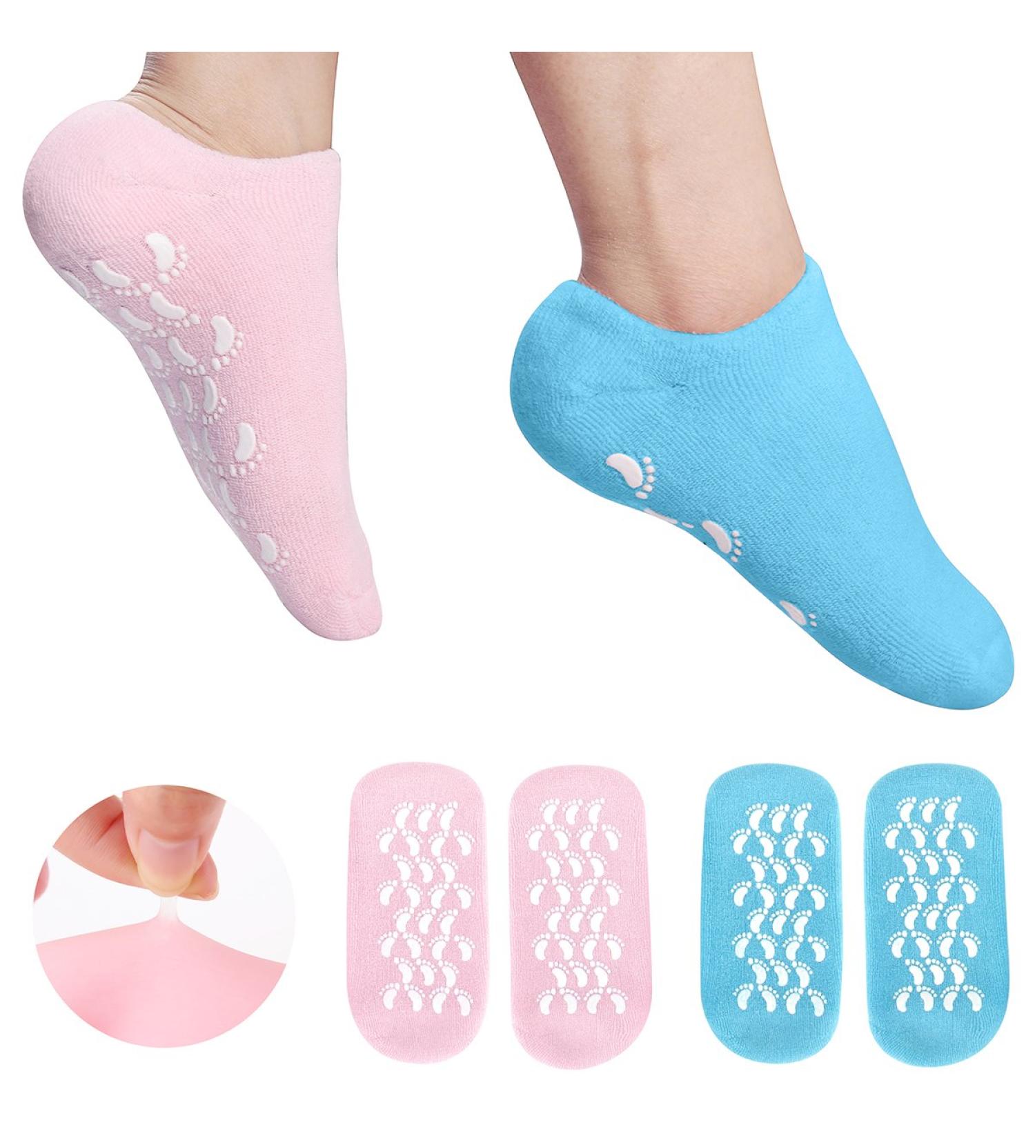 Moisturizing Socks with Heel Gel | Callus Treatment Spa Socks - 2 Pairs of Soft Silicone Cotton Gel Sleeves for Cracked Feet - Blue & Pink - Buy Online on SooperMarket.com