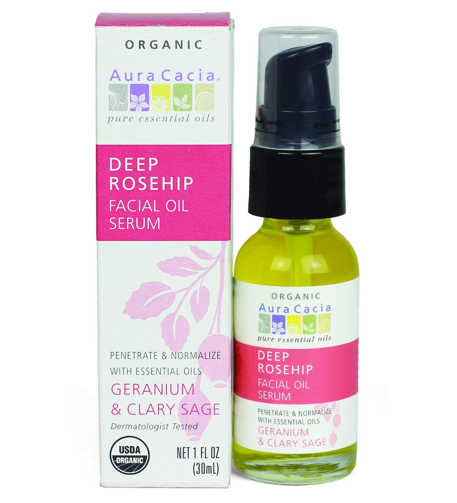 Aura Cacia Organic Deep Rosehip Facial Oil Serum with Geranium & Clary Sage - 1 fl oz - Buy Online on SooperMarket.com