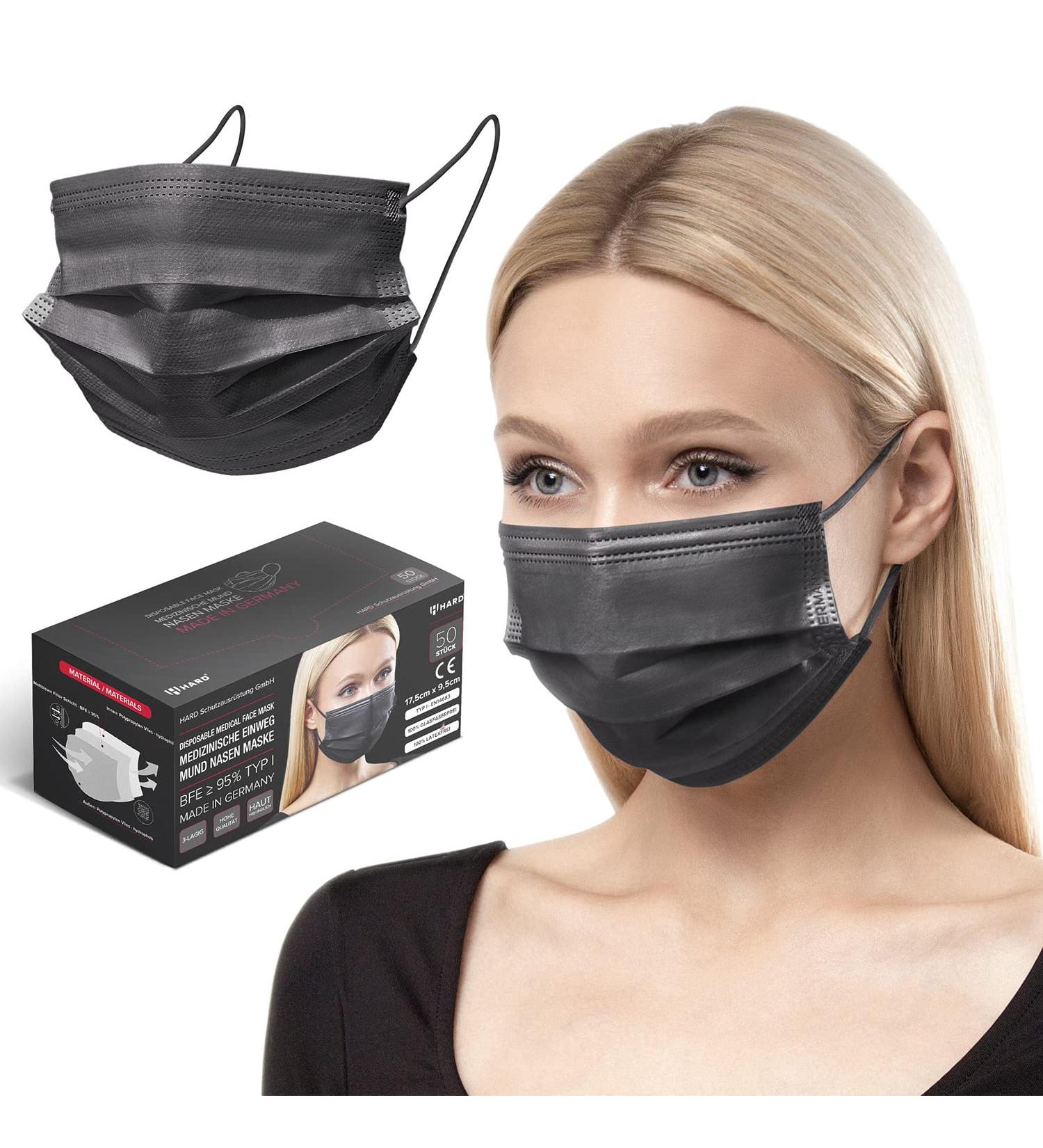 HARD 50 Disposable Face Masks Made in Germany | Type II & CE Certified | Triple Layer Filtration | Breathable & Elastic Earloops | Black 50pc - Adults - Buy Online on SooperMarket.com