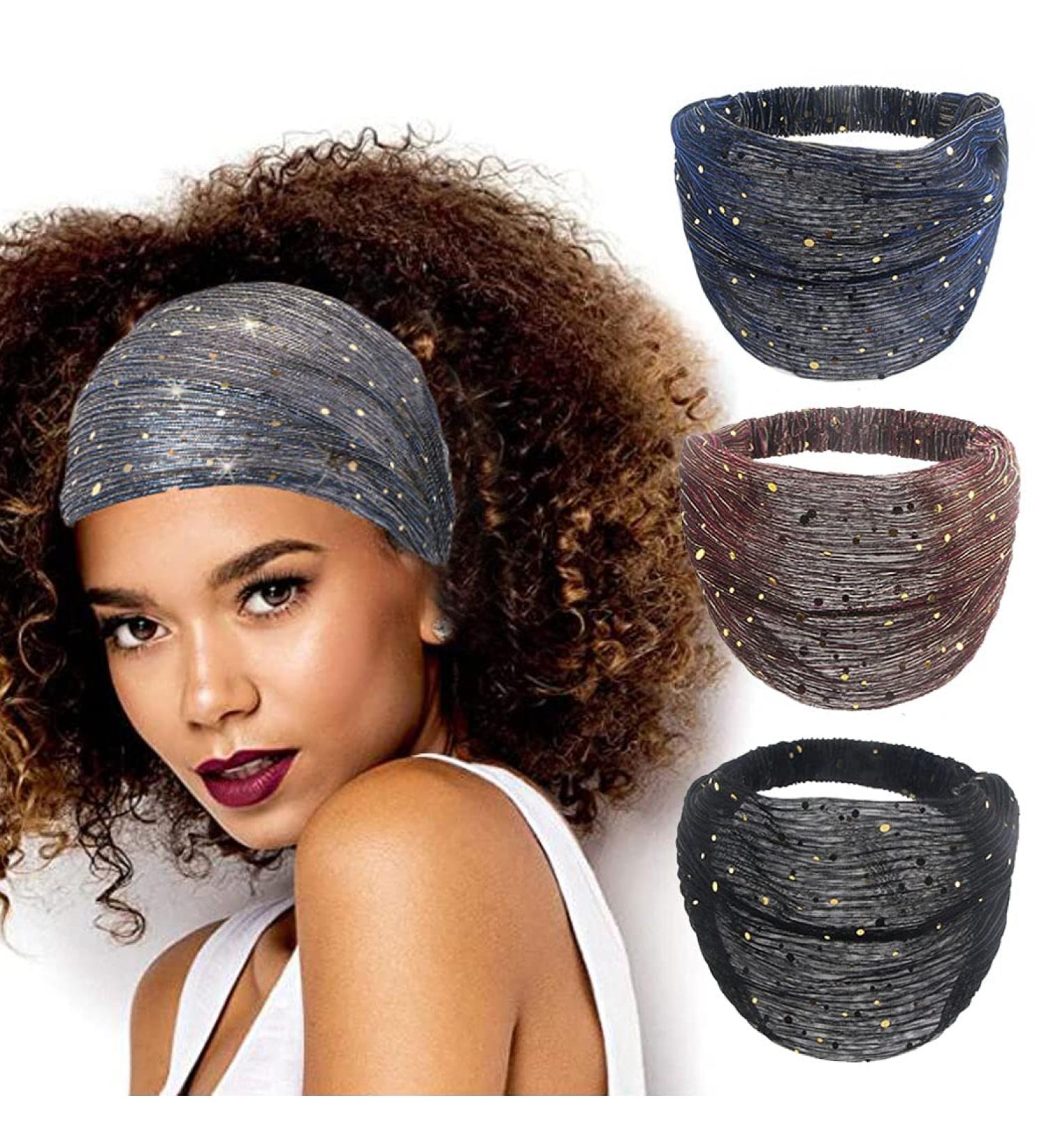 CAKURE Sequins Wide Headbands Pack of 3 - African Head Wraps for Women and Girls - Bling Boho Turban Hair Bands - Stretchy Scarf for Yoga, Running, Sports - Blue, Red, Black - Buy Online on SooperMarket.com