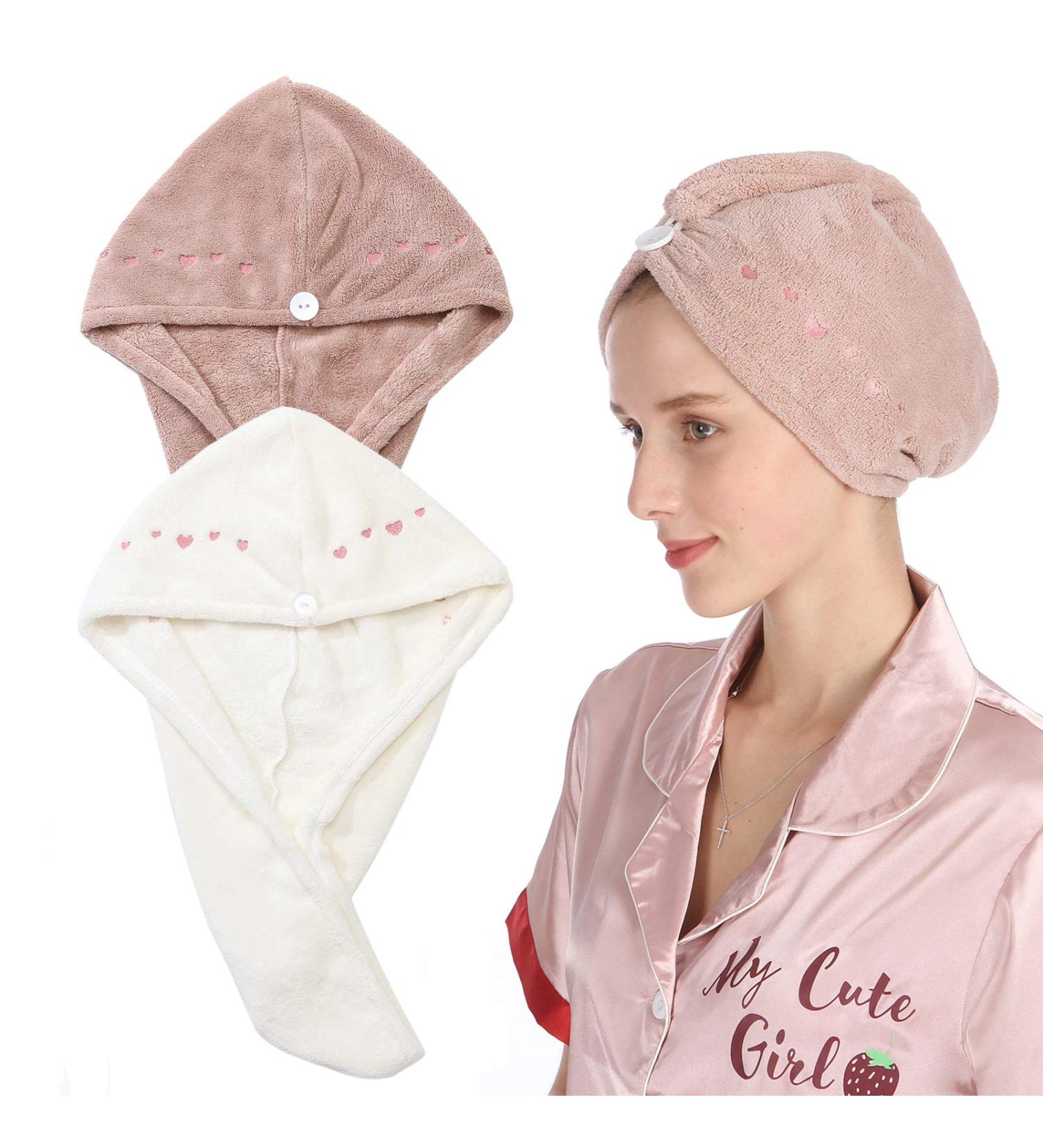 Folora Microfiber Hair Drying Towel - Quick Dry Button Design 2 Pack for Bath & Shower - Perfect for All Hair Types - Buy Online on SooperMarket.com