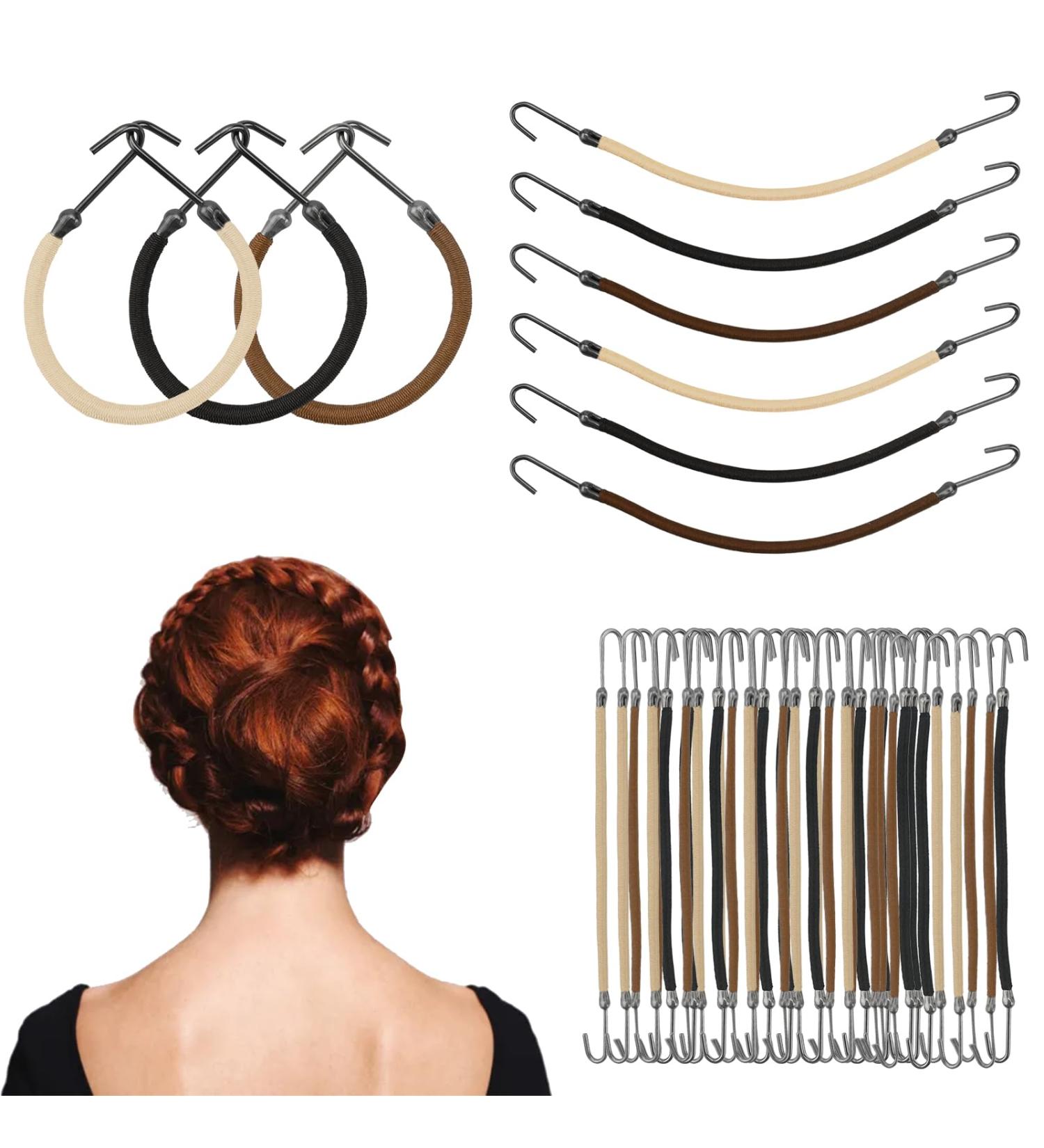 24 Pieces Stretch rope hair hooks pill hair hooks double hook hair rope hair coiffure hooks Ponytail Hooks Elastic Bands Hair Styling Hair Bungee Cords With Hooks Elastic Black + Coffee + Apricot - Buy Online on SooperMarket.com