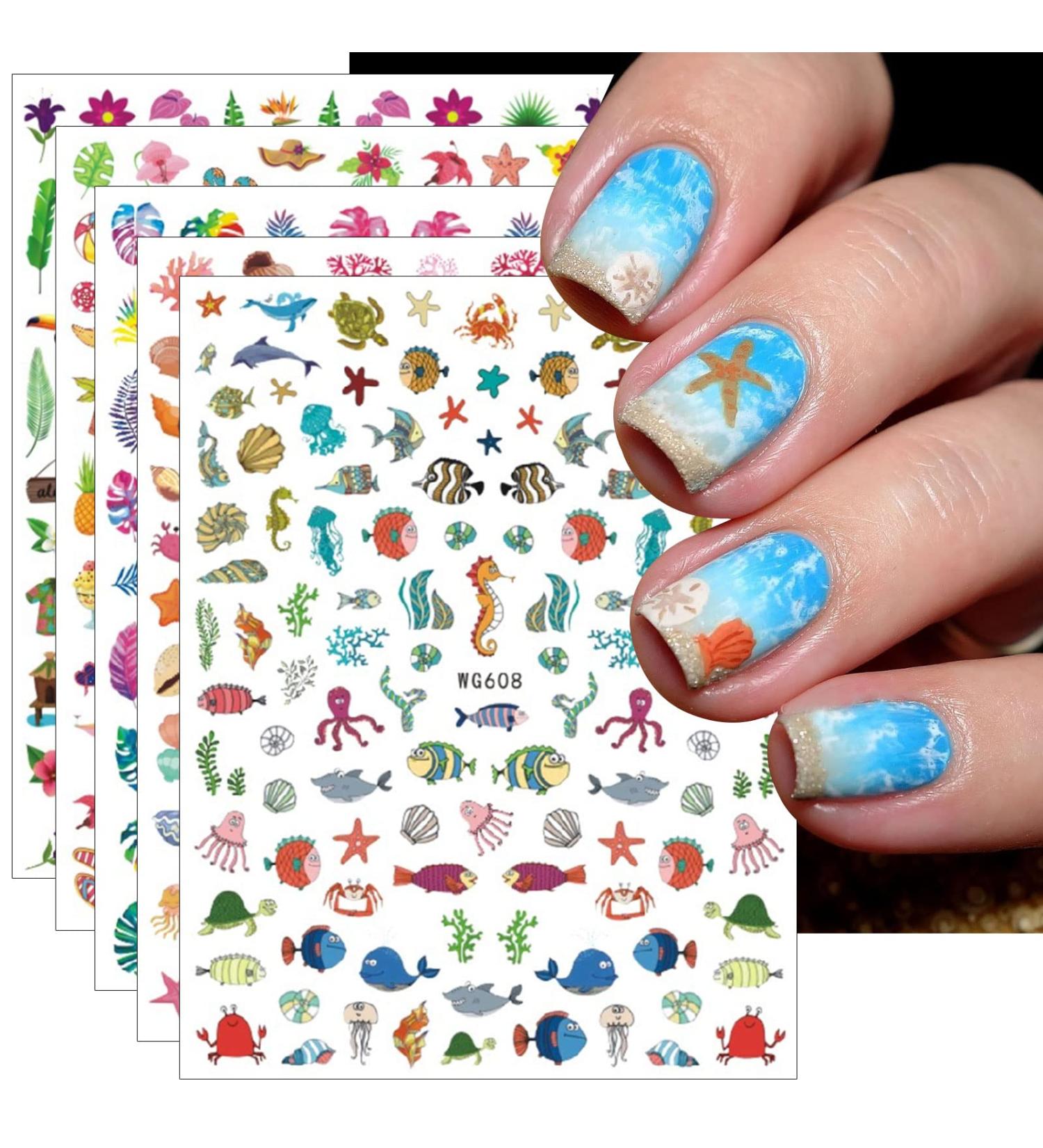 Summer Ocean Nail Art Stickers - 12 Self-Adhesive Decals for Fish, Beach, Turtle, and Whale Designs | Nail Supplies for Unique Nail Art Decor - Buy Online on SooperMarket.com