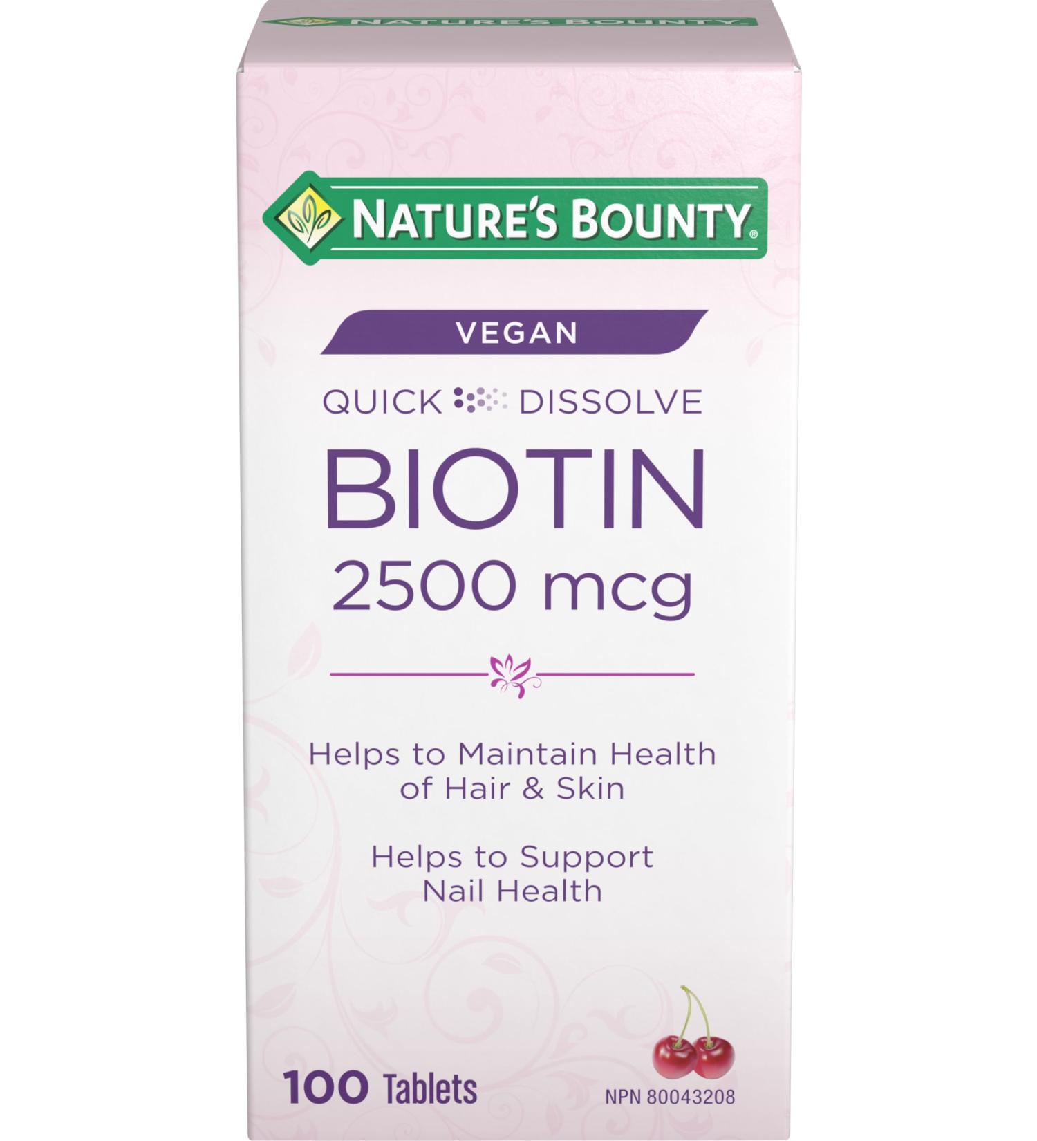 Nature's Bounty Biotin 2500mcg Supplement Helps Maintain Health of Hair and Skin Vegan formula 100 Tablets - Buy Online on SooperMarket.com