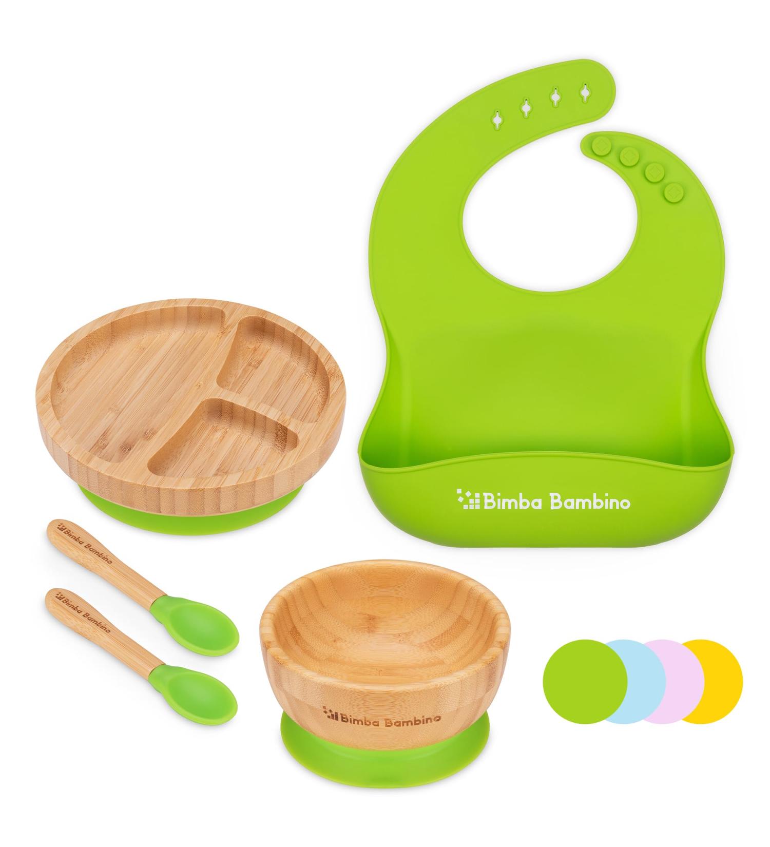 Bimba Bambino Baby Weaning Set - Bamboo Suction Plate, Bowl, 2 Spoons, Silicone Bib | Non-Toxic, Natural Bamboo, Green - Buy Online on SooperMarket.com