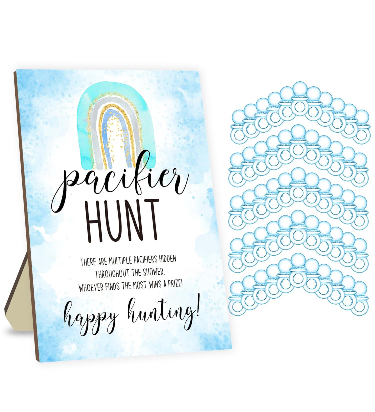 Pacifier Hunting Game for Baby Shower | Bohemian Rainbow Theme Party Game Sets | Includes 50 Blue Acrylic Pacifiers & Sign - Buy Online on SooperMarket.com
