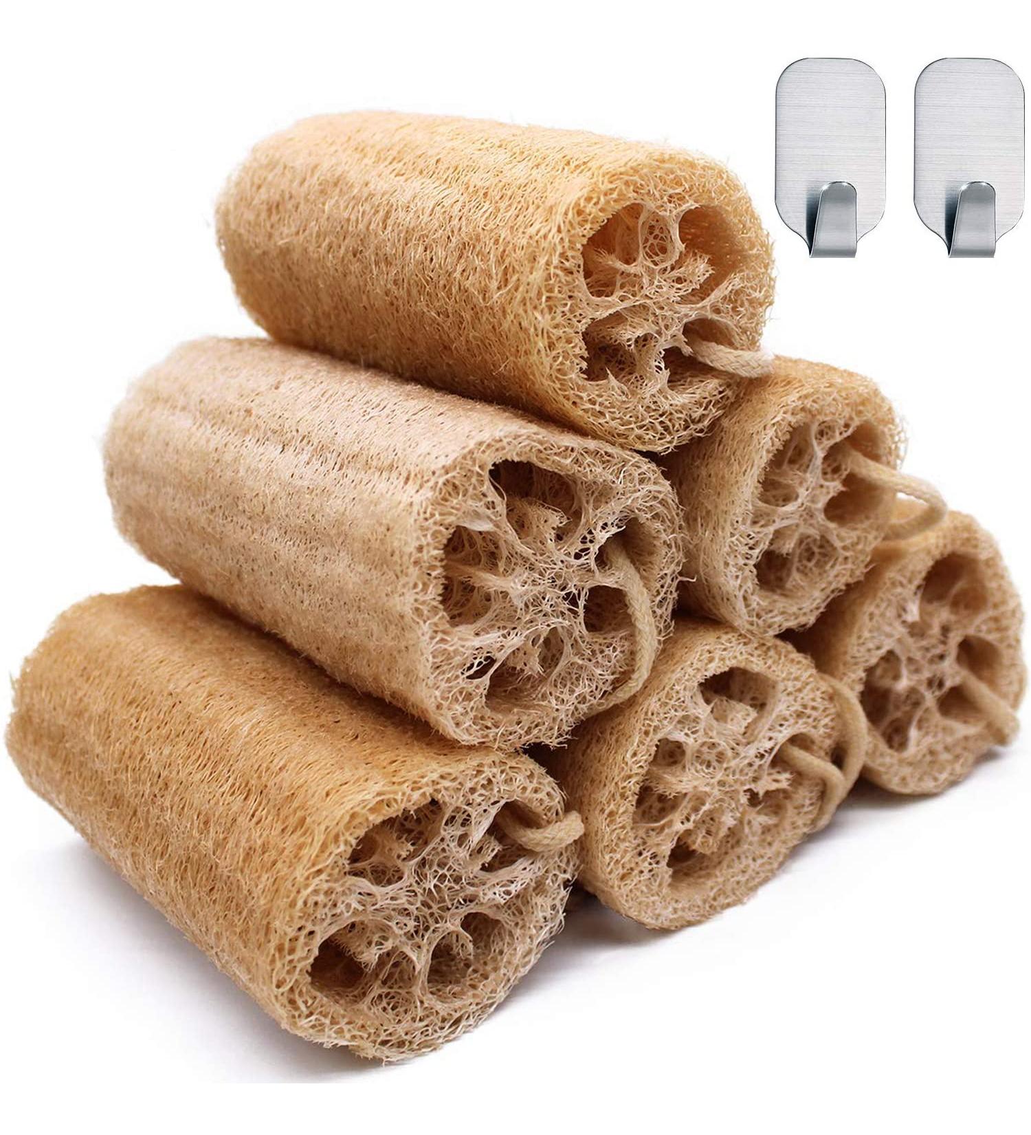 Organic Natural Bath Loofahs 6 Pack for Men and Women - Exfoliating Body Scrubber Sponges for Deep Cleaning - Includes 2 Wall Hooks - Buy Online on SooperMarket.com