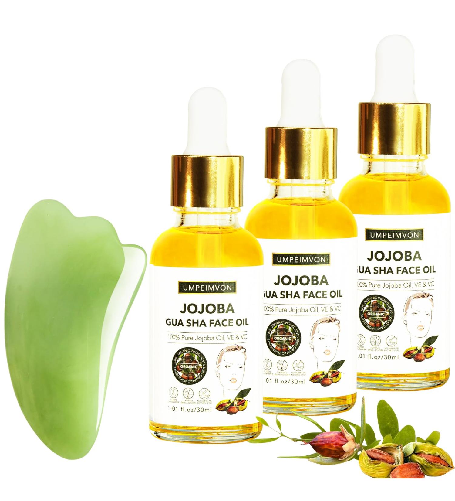 3 Pack Gua Sha Facial Oil Set - 99% Organic Jojoba Cold Pressed Vitamin E & C for Face Hair & Nails | Scented Massage Oil with Gua Sha Tool - Buy Online on SooperMarket.com