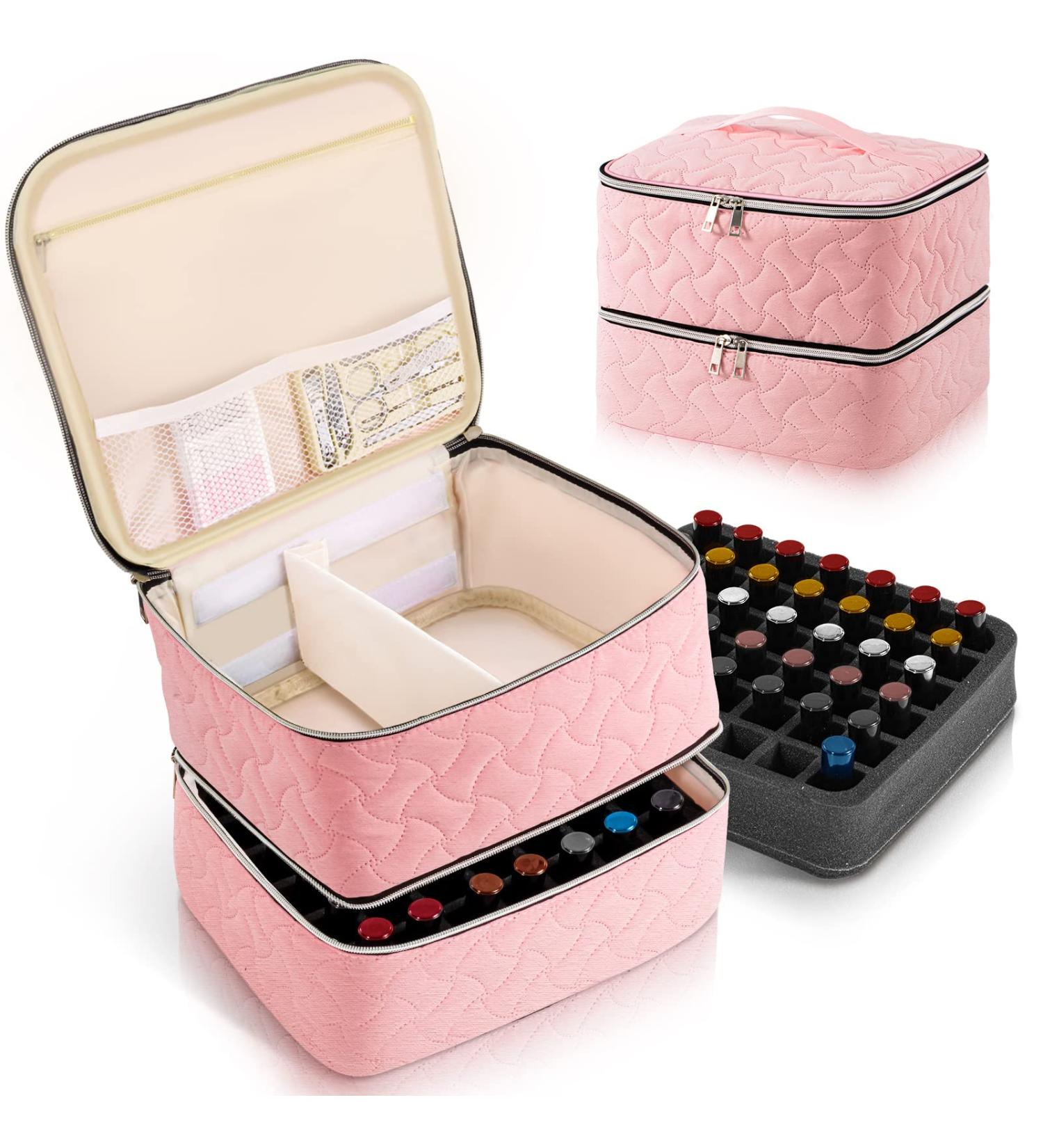 Nail Polish Organizer Case - Holds 42 Bottles, Double-Layer Storage with Adjustable Dividers - Portable Pink Bag for Manicure Tools - Buy Online on SooperMarket.com