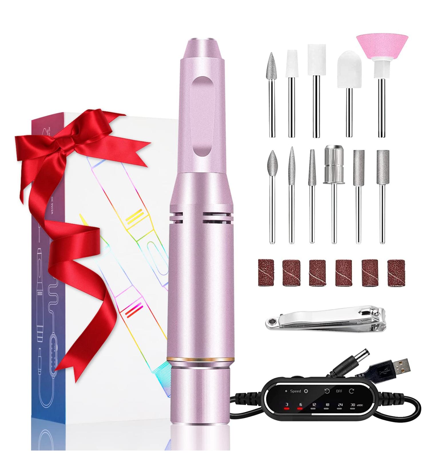 Rechargeable Electric Nail File Cutter 30000 RPM - Professional Metal Nail Drill with Adjustable Speed for Manicure and Pedicure - Includes Polishing Tool - Pink - Buy Online on SooperMarket.com