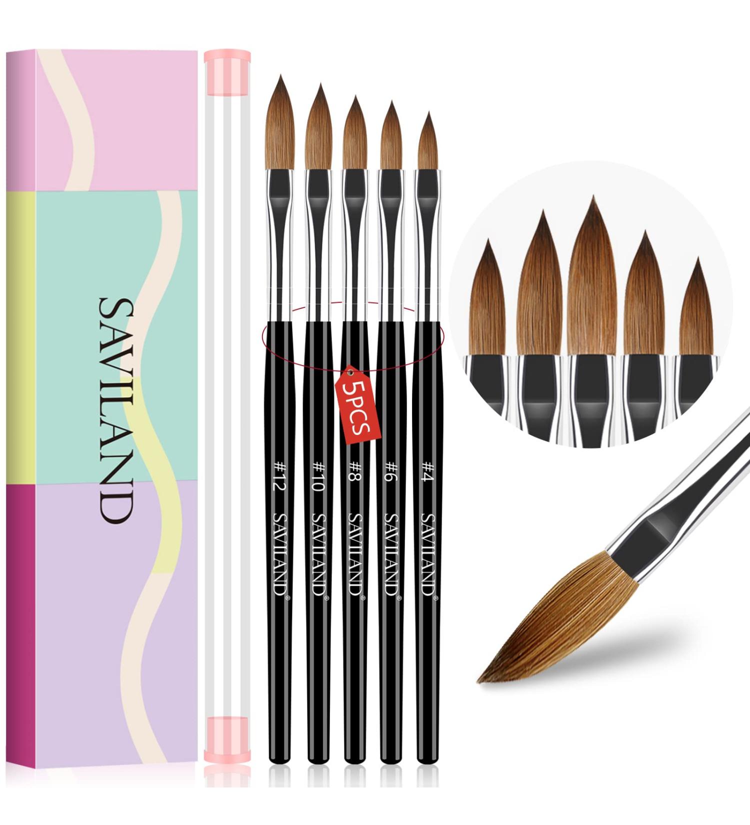 Saviland 5pcs Acrylic Nail Brush Set | Professional Size 4/6/8/10/12 Brushes for Acrylic Powder Application, Nail Extension, and Carving | Wood Handle Nail Art Tools - Buy Online on SooperMarket.com
