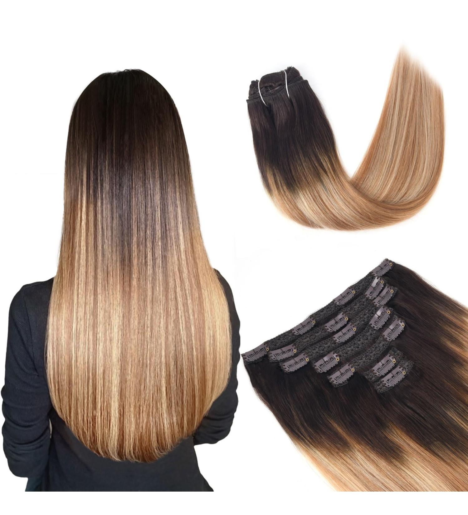 Vlasy Clip in Hair Extensions Human Hair 16 Inch (80 g) 7 Pieces Straight Natural Thick Weft Seamless Real Human Hair Extensions for Women - T2/27+T2/60 - Buy Online on SooperMarket.com