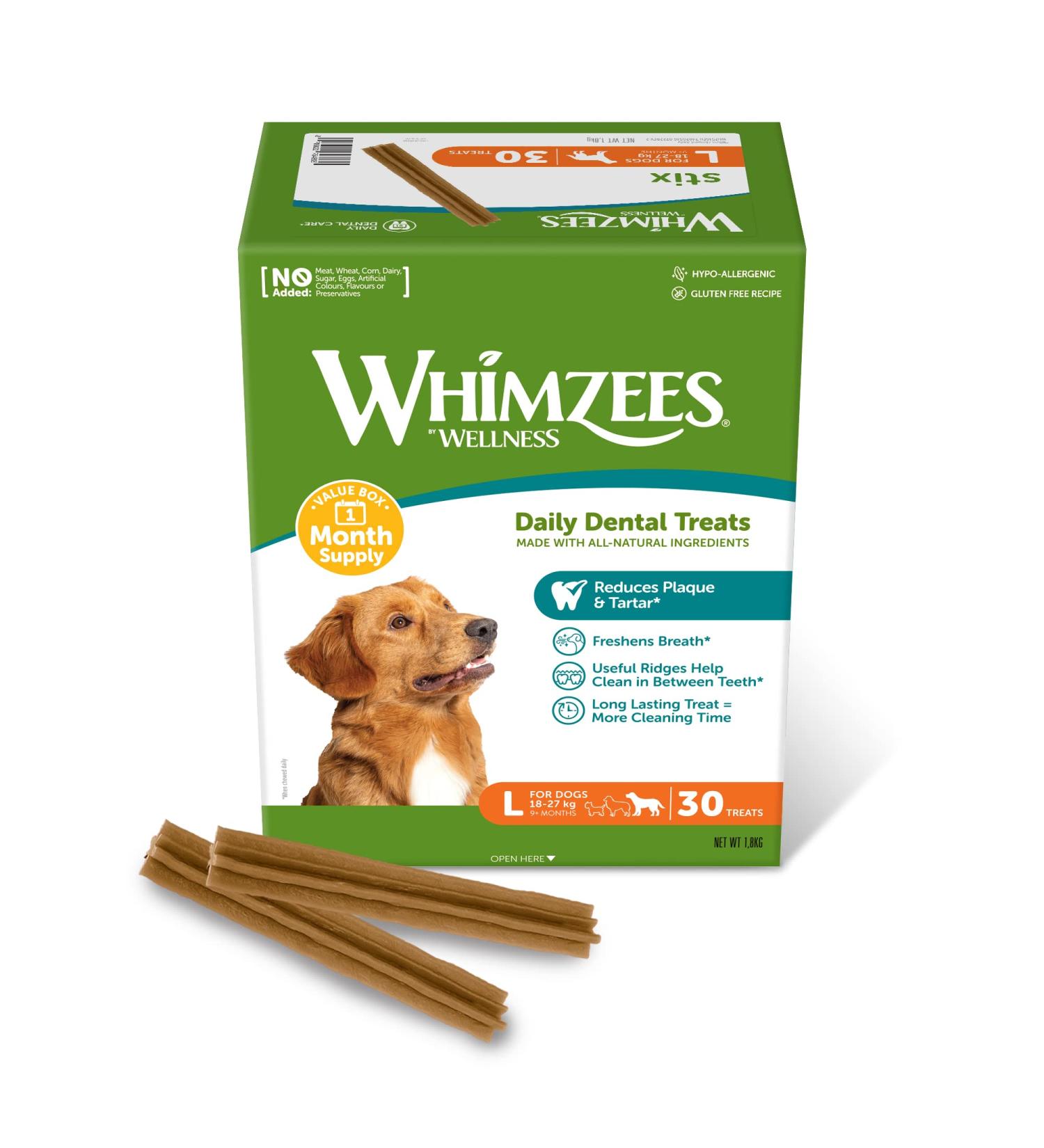 Whimzees by Wellness Stix - Natural Grain-Free Dental Care Snacks for Large Dogs | Monthly Pack of 30 Couch Sticks | Size L - 1 kg (1 Pack) - International Shipping Available - Buy Online on SooperMarket.com
