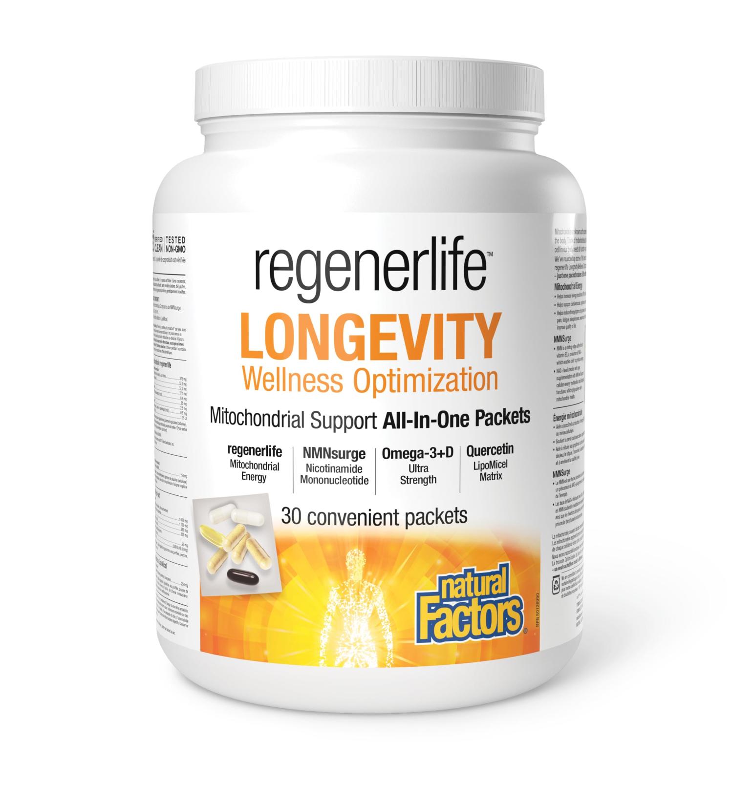 Natural Factors Regenerlife Longevity Wellness Optimization 30 convenient packets All-in-One Daily Packet includes: Mitochondrial Energy NMNSurge Omega-3+D Ultra Strength and Quercetin LiopMicel Matrix Formulated to Support All Aspects of Healthy Aging - Buy Online on SooperMarket.com