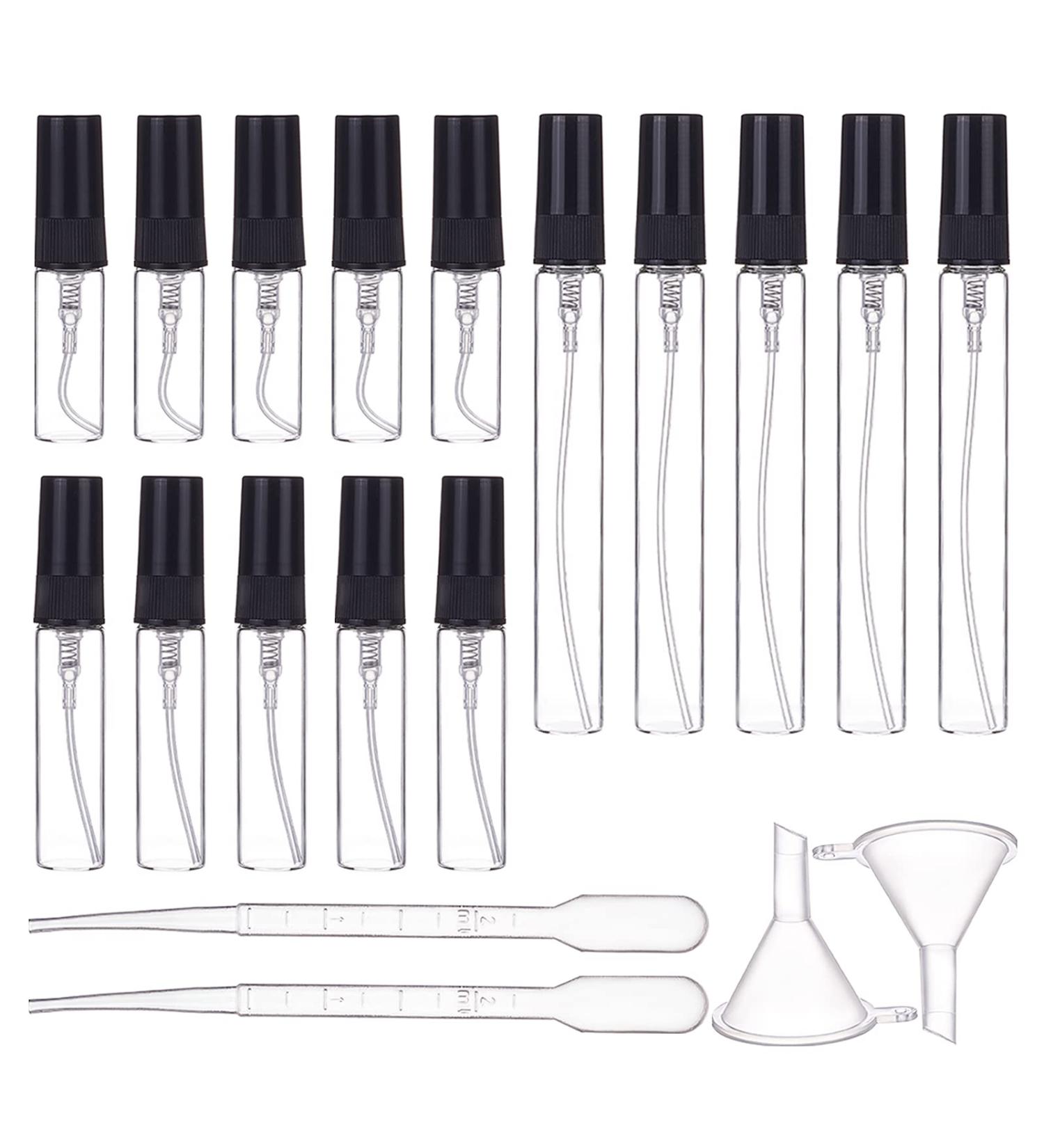 BENECREAT Mini Glass Spray Bottles Set - 30 Pieces (3ml/5ml/10ml) with Funnel & Pipettes - Perfect for Perfumes & Cosmetics - Fine Fog Atomizers (Black Cap) - Buy Online on SooperMarket.com