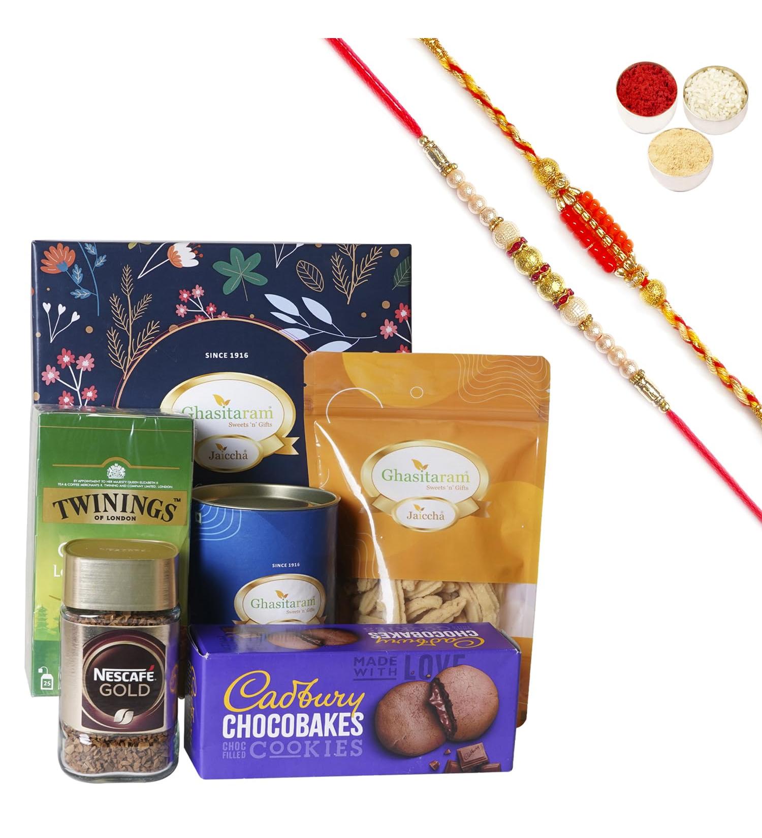 Ghasitaram Gifts Jaiccha Rakhi for Brother Ghasitaram Tea Coffee Hamper Box with 2 Rakhis - Buy Online on SooperMarket.com
