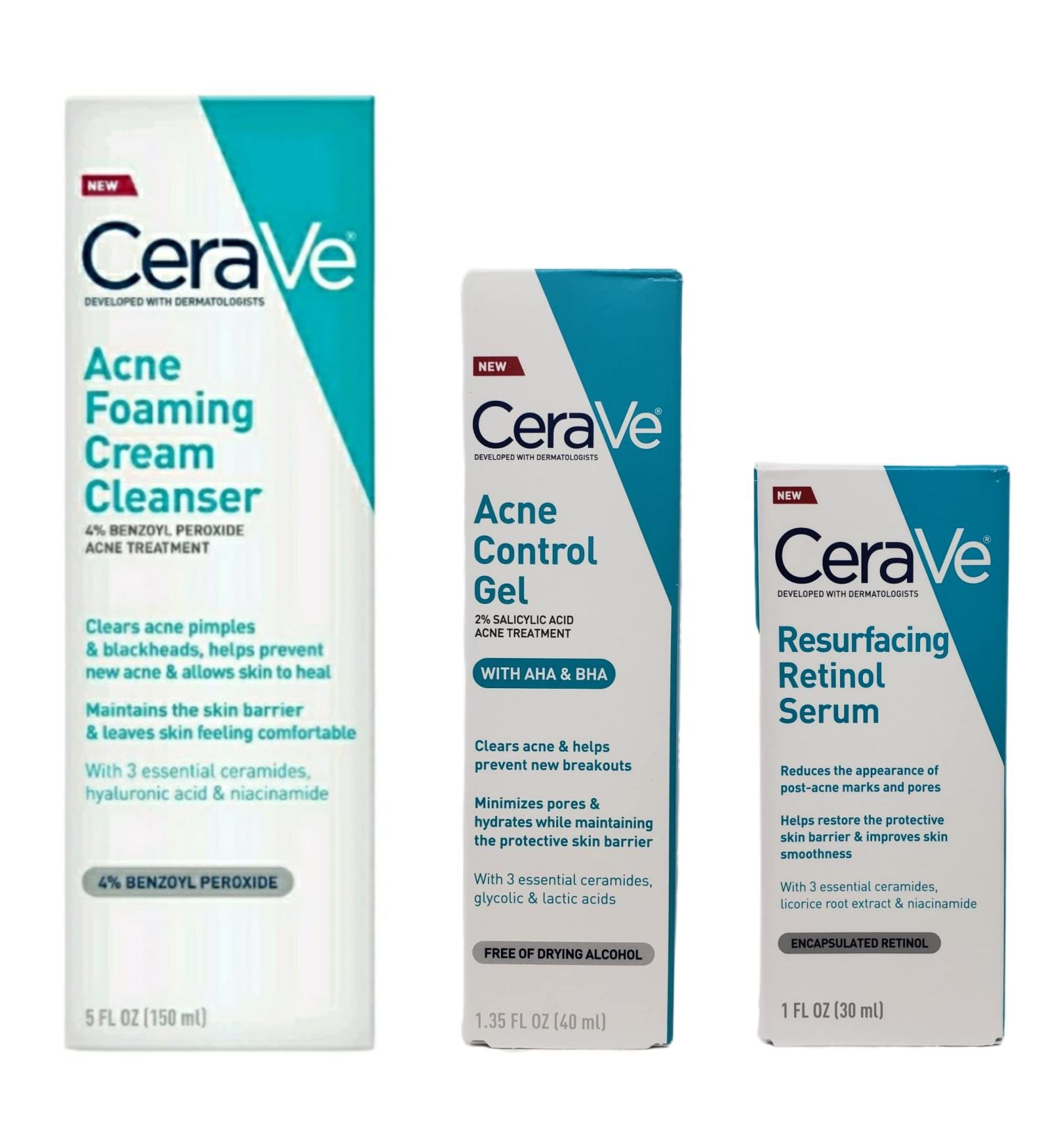 CeraVe Acne Treatment Bundle: Resurfacing Retinol Serum, Foaming Cream Cleanser, Control Gel - 3 Essential Ceramides - Buy Online on SooperMarket.com